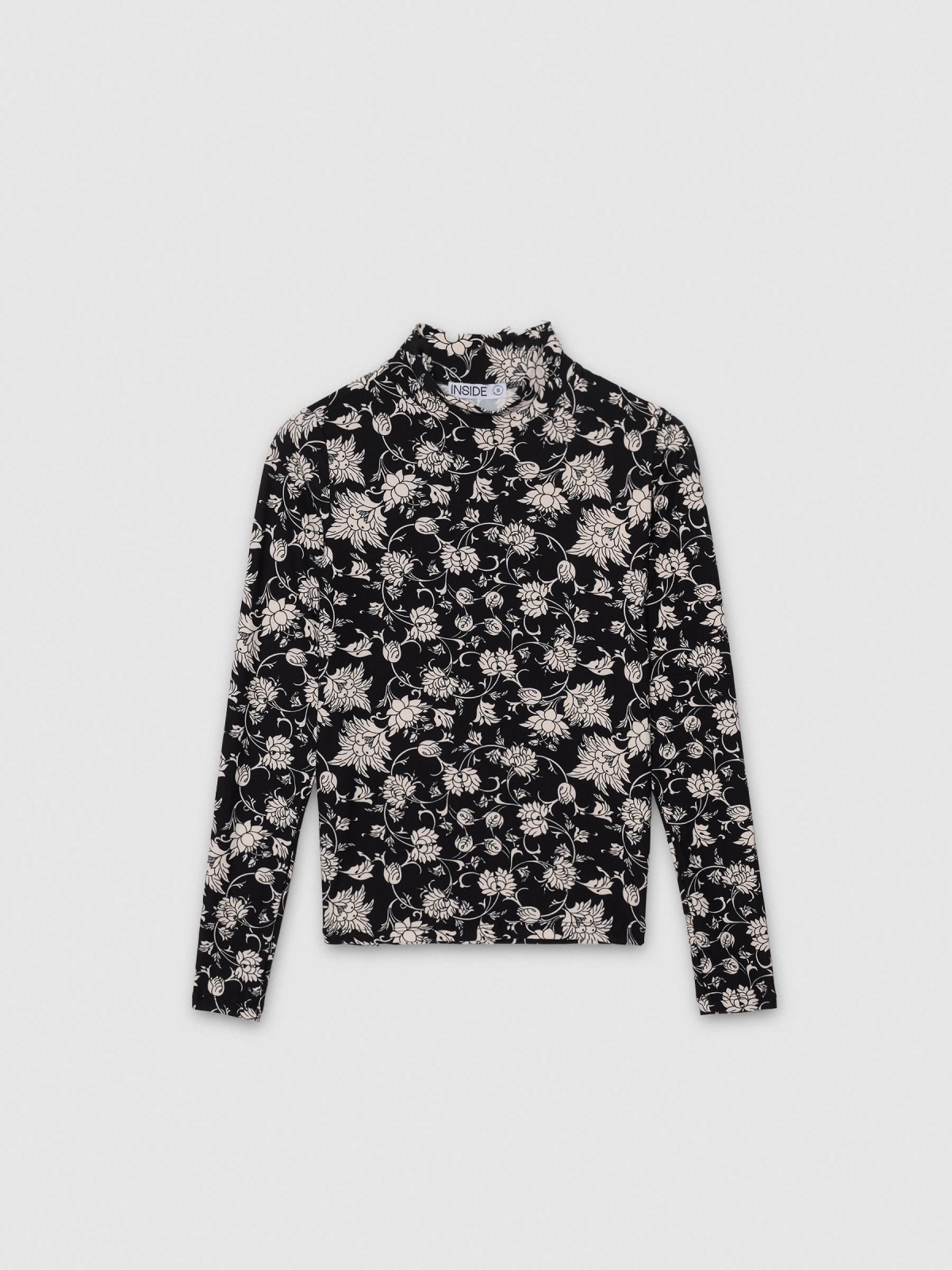 %Pto% Floral shirt with perkins collar black front view