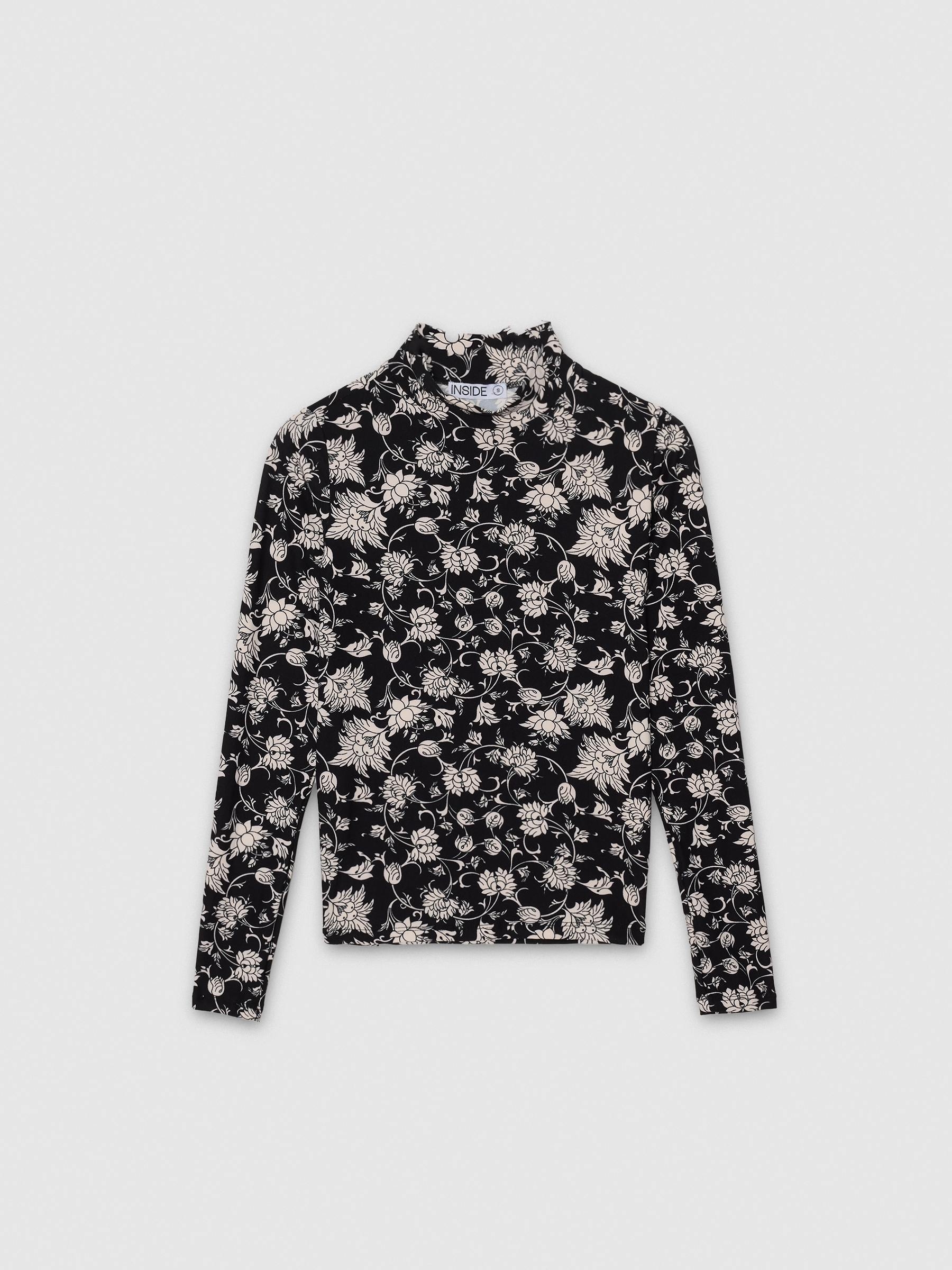 %Pto% Floral shirt with perkins collar black front view