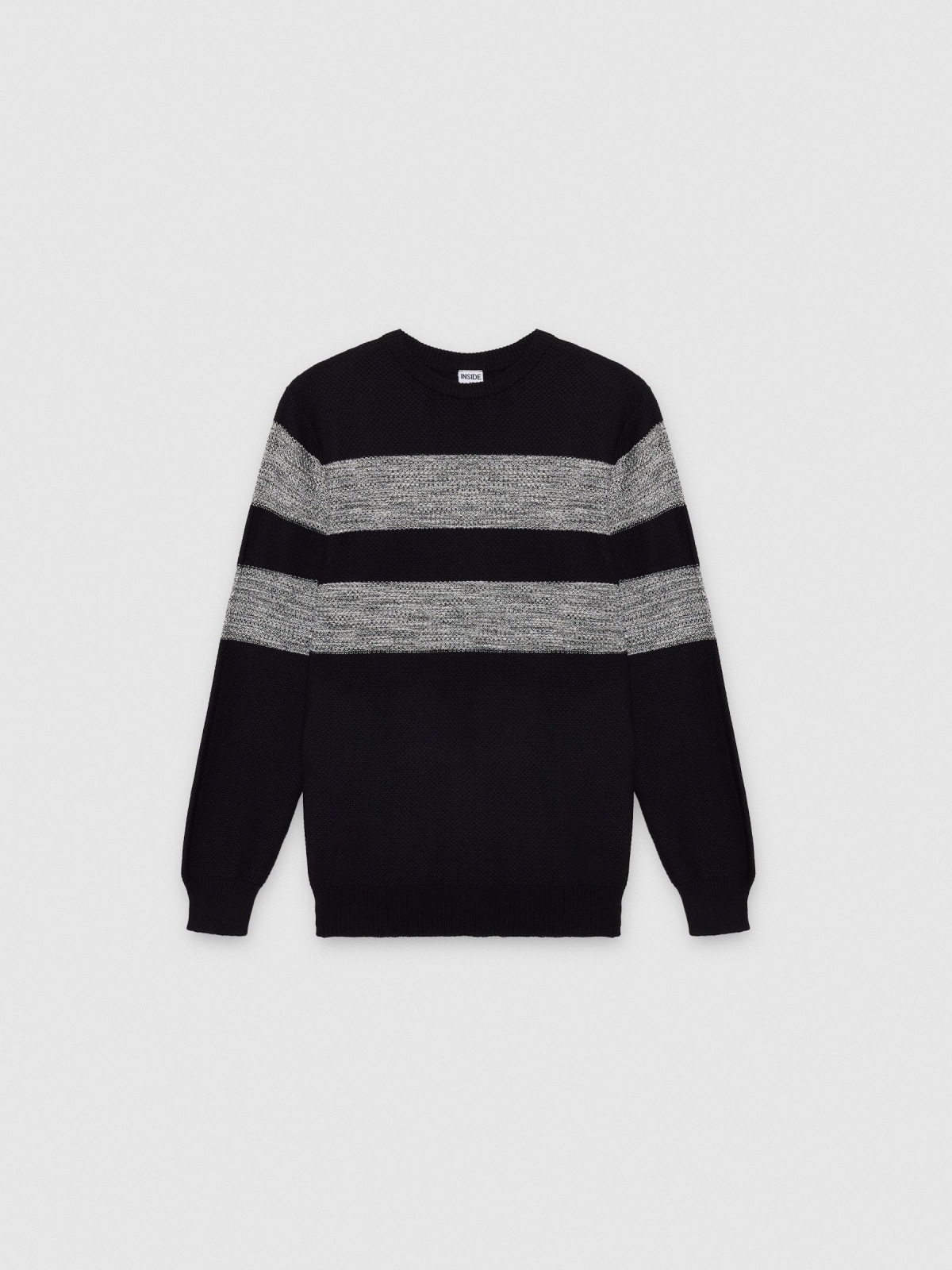 %Pto% Jersey de punto a rayas con cuello redondo negro vista frontal