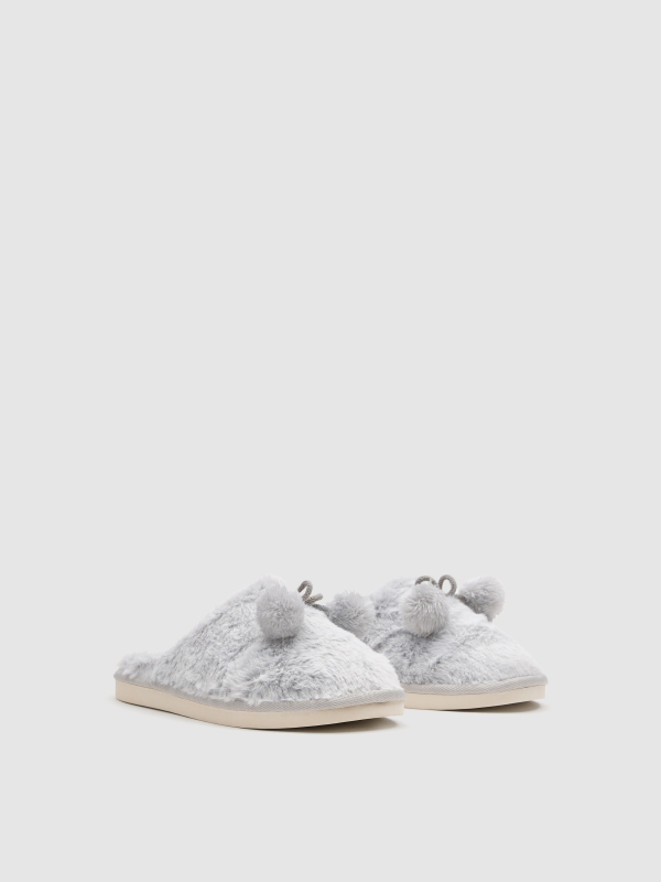 Pantufas de casa pompom off white vista meia frontal