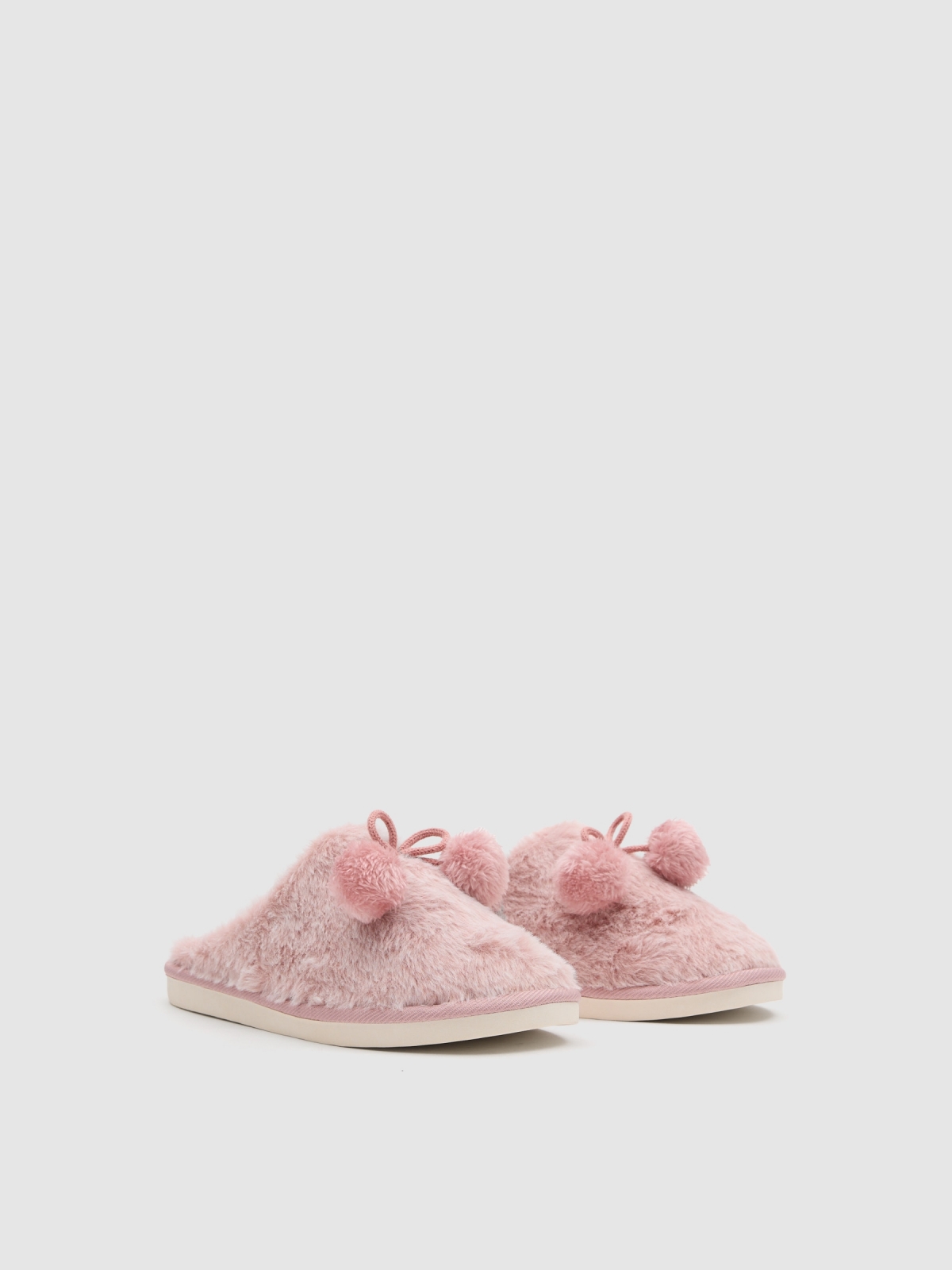 Pantufas de casa pompom rosa claro vista meia frontal