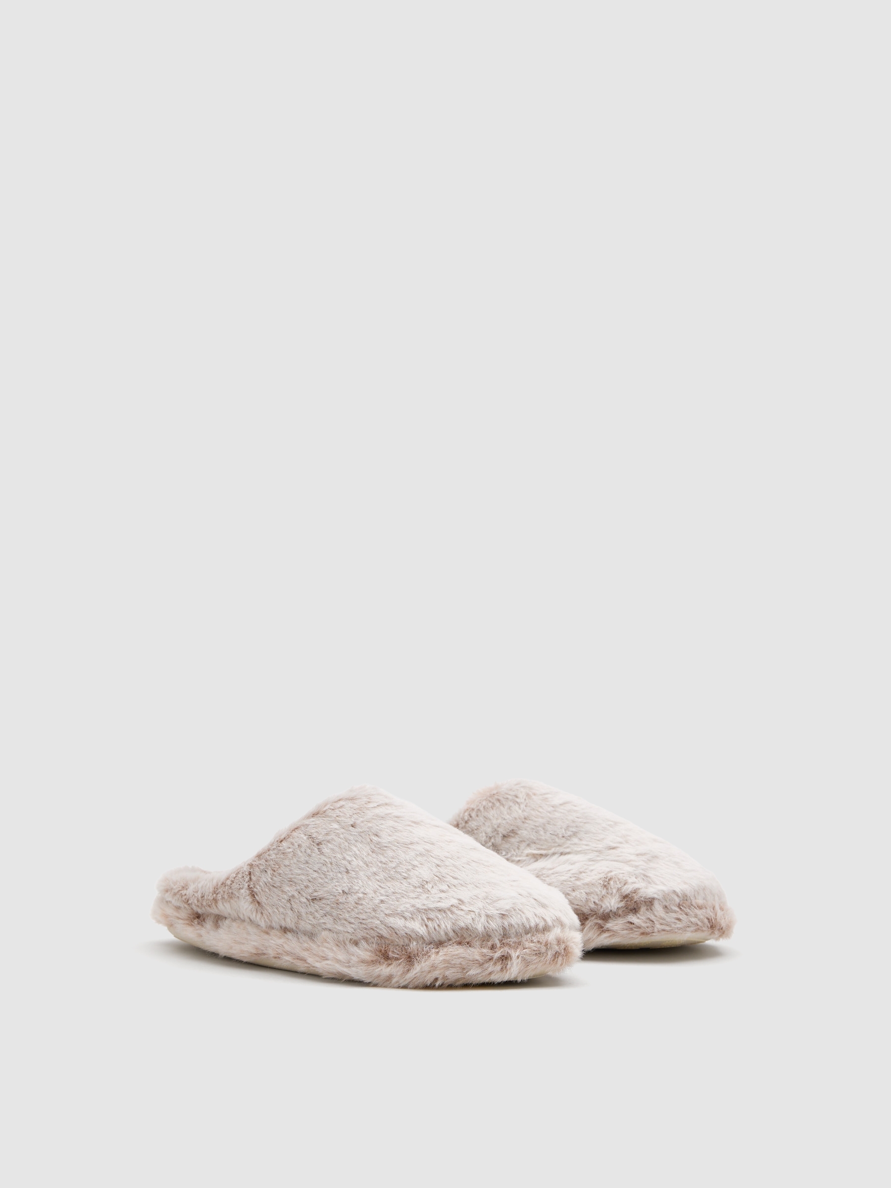 Furry effect slippers taupe front view