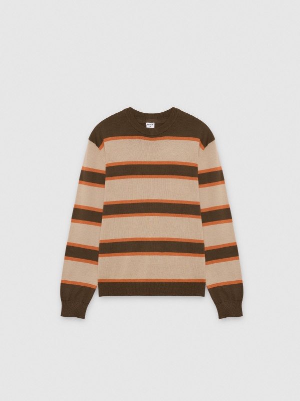  Striped knit sweater with a round neck brown front view