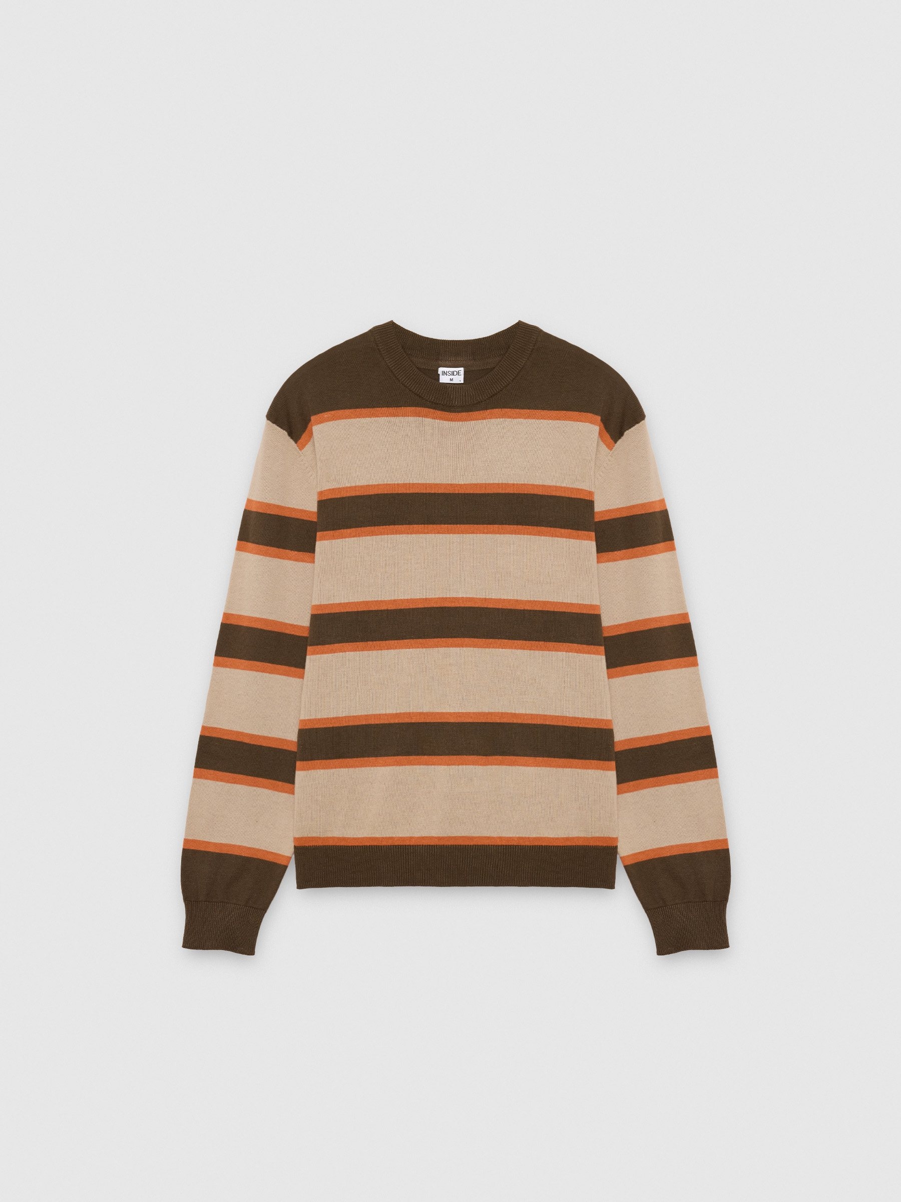 Striped knit sweater with a round neck brown middle front view