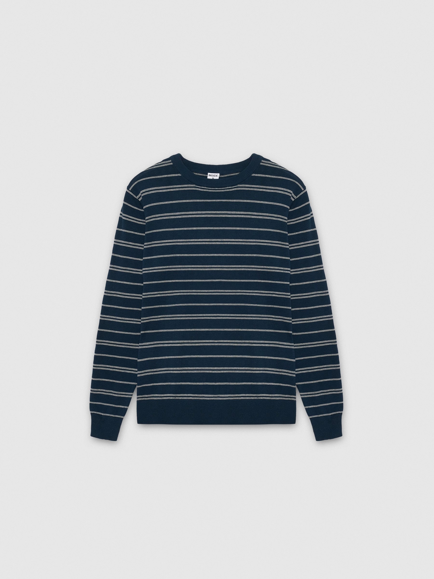 %Pto% Striped knit sweater with a round neck navy front view