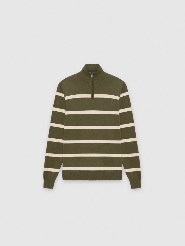  Striped knit sweater with zipper collar khaki front view