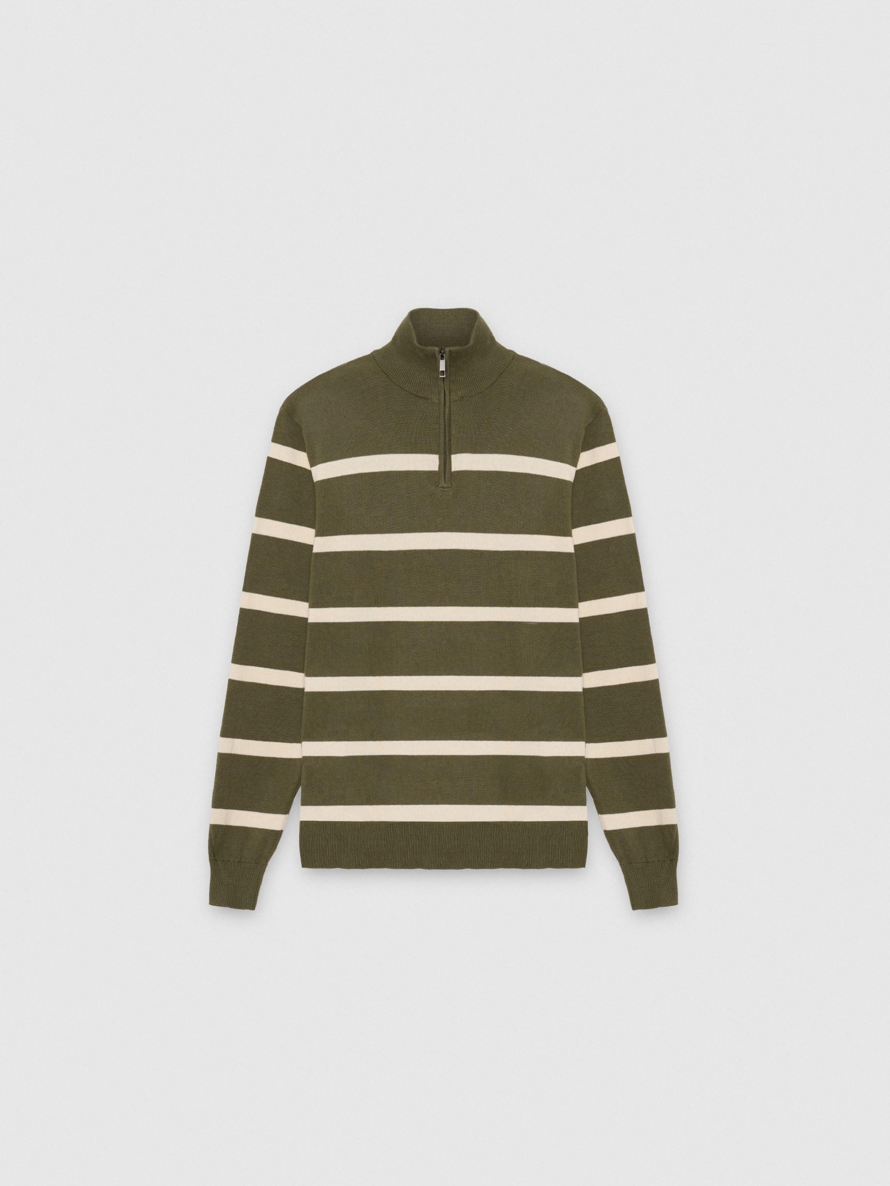 Striped knit sweater with zipper collar khaki middle front view