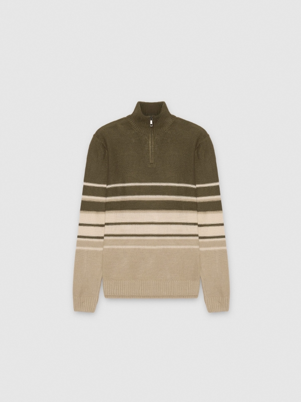  Striped knit sweater with zipper collar khaki front view