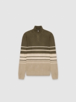 %Pto% Striped knit sweater with zipper collar khaki front view