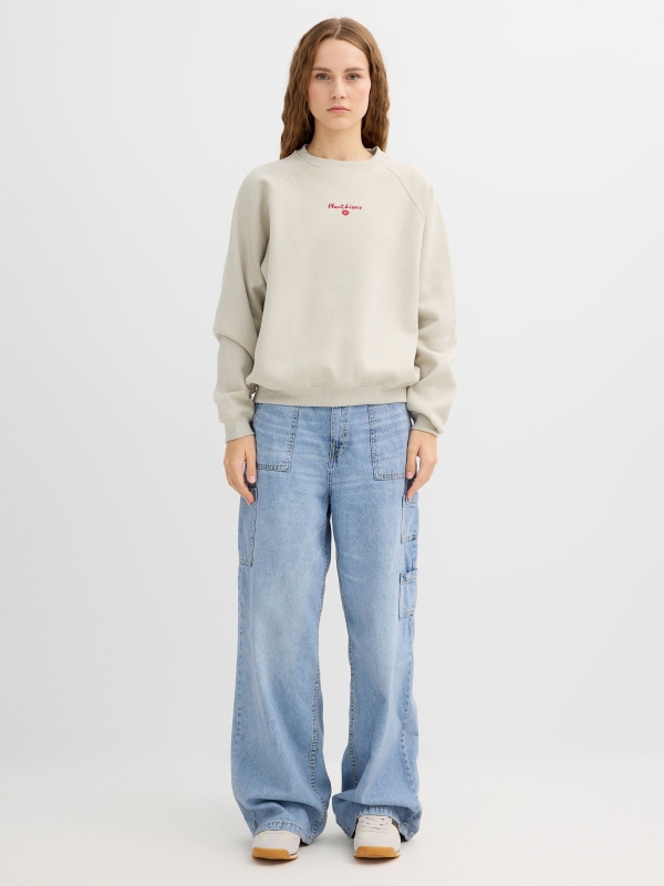 Embroidered fleece sweatshirt round neck raw front view