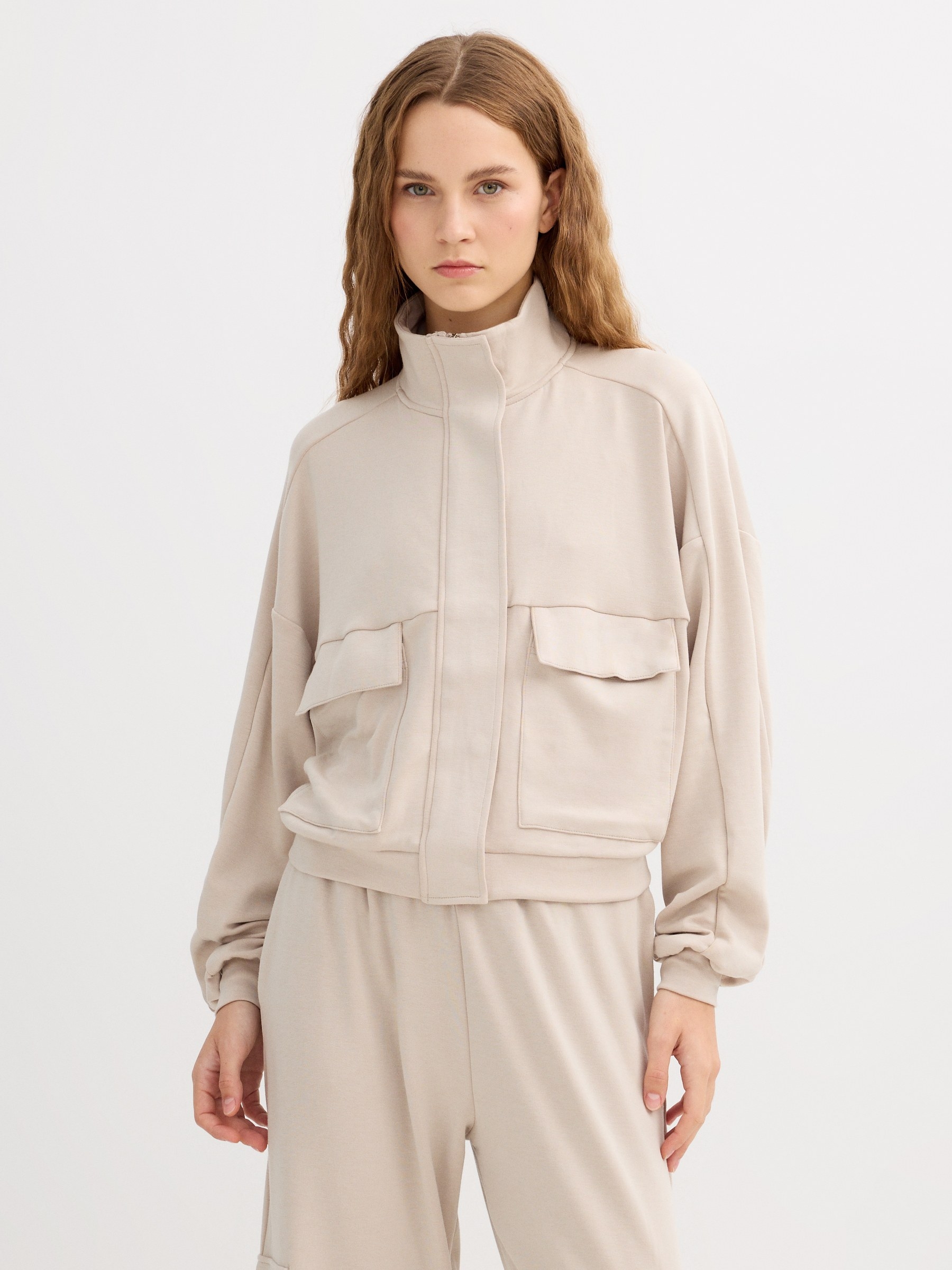 Jacket with faux leather pockets beige middle front view