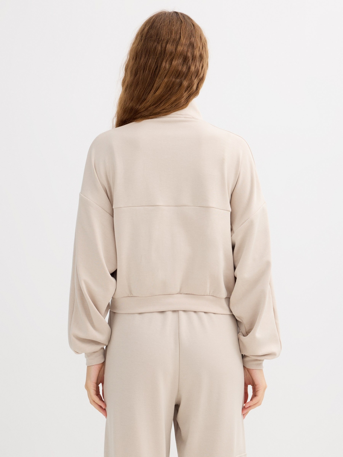 Jacket with faux leather pockets beige middle back view