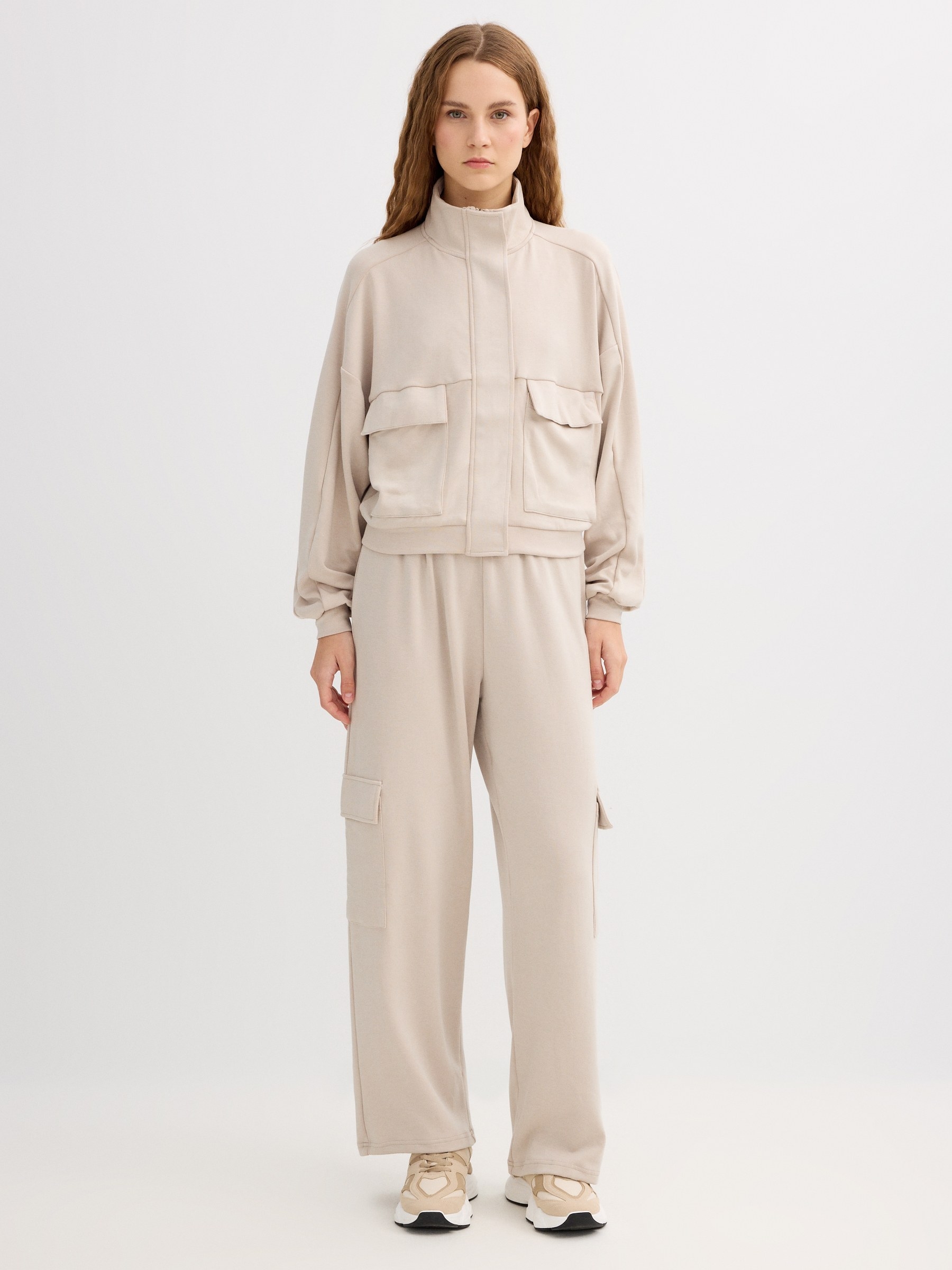 Jacket with faux leather pockets beige middle front view