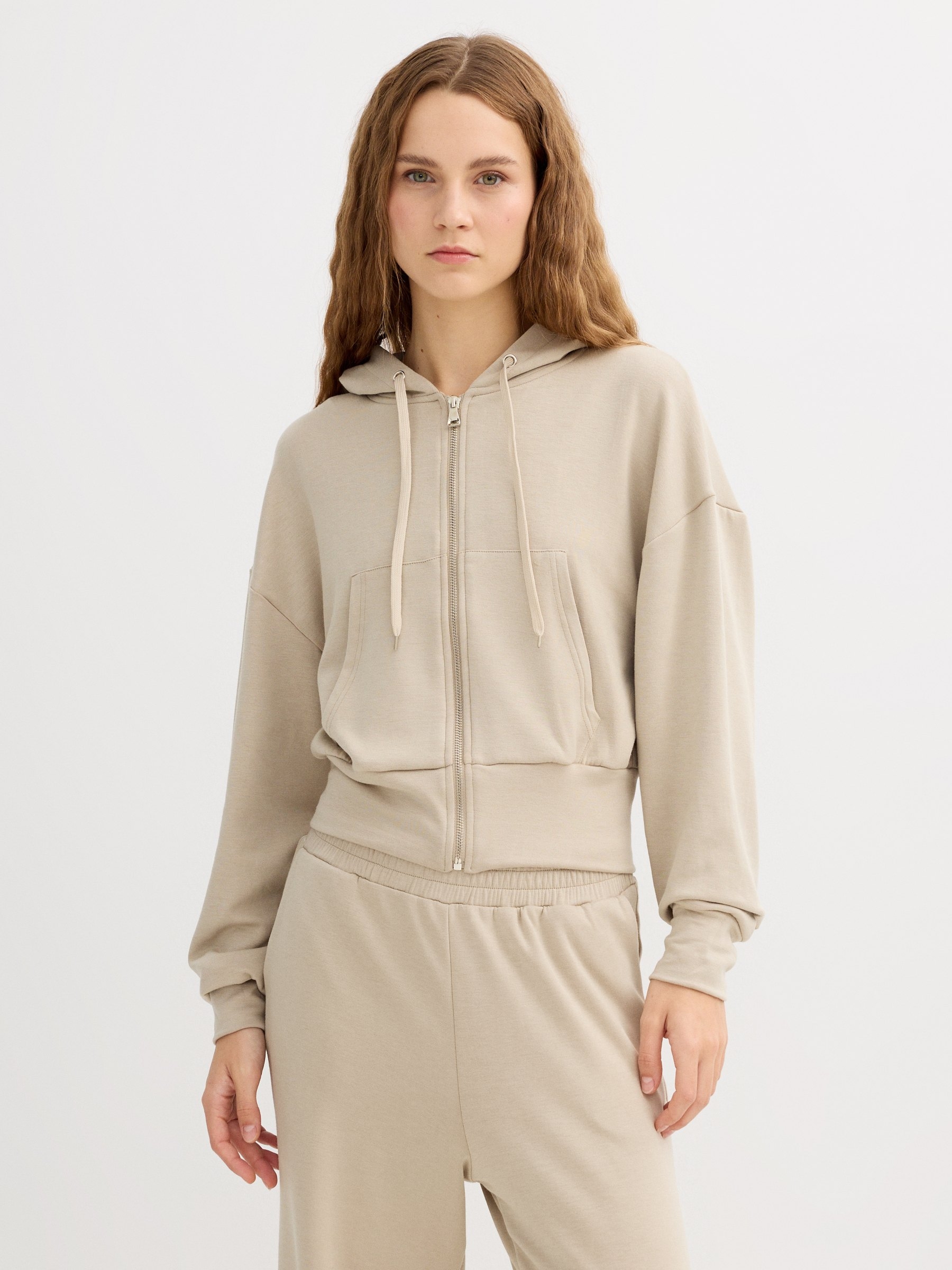 Hooded sweatshirt with zipper greyish green middle front view