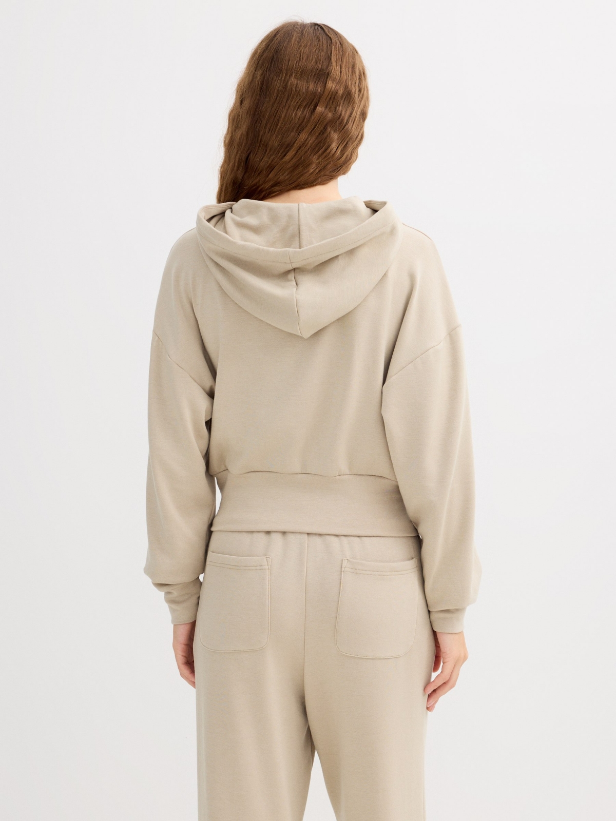 Hooded sweatshirt with zipper greyish green middle back view