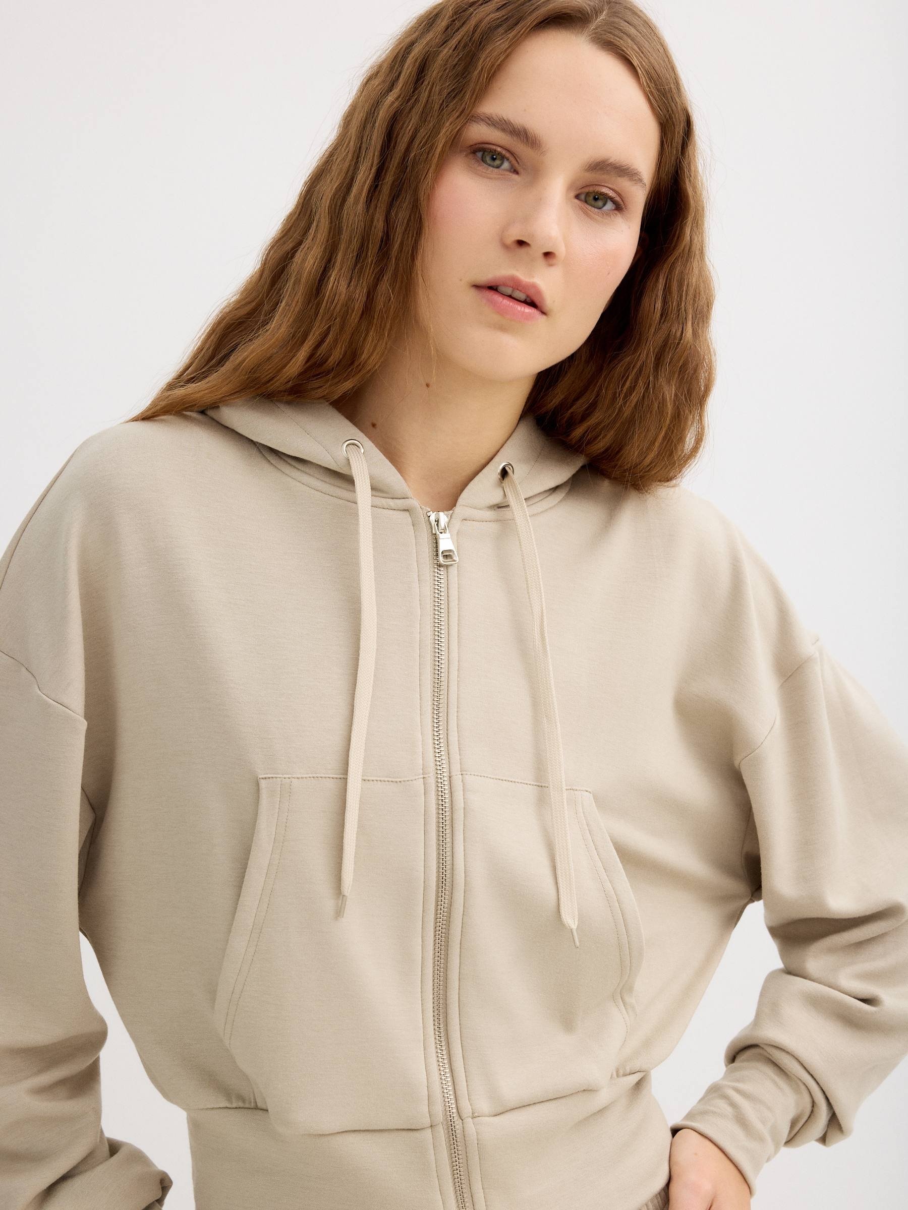 Hooded sweatshirt with zipper greyish green middle front view