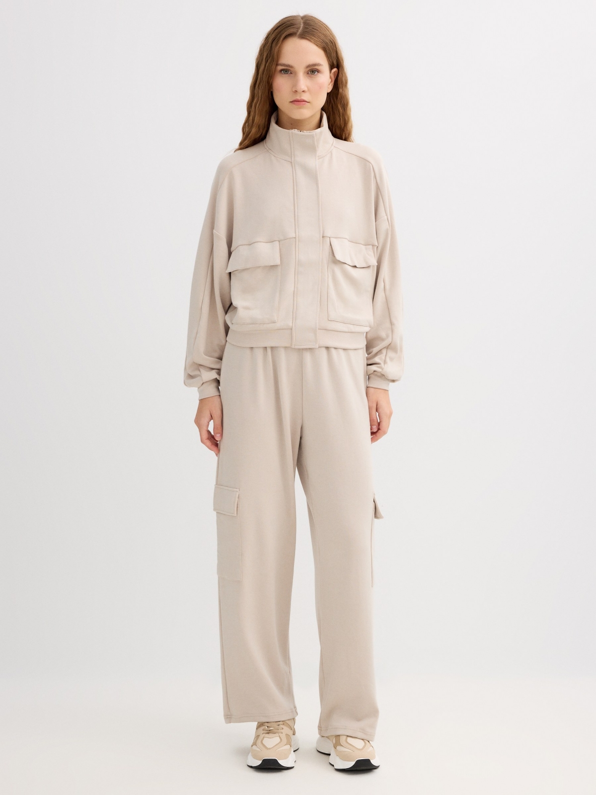 Beige wide leg sweatpants beige front view