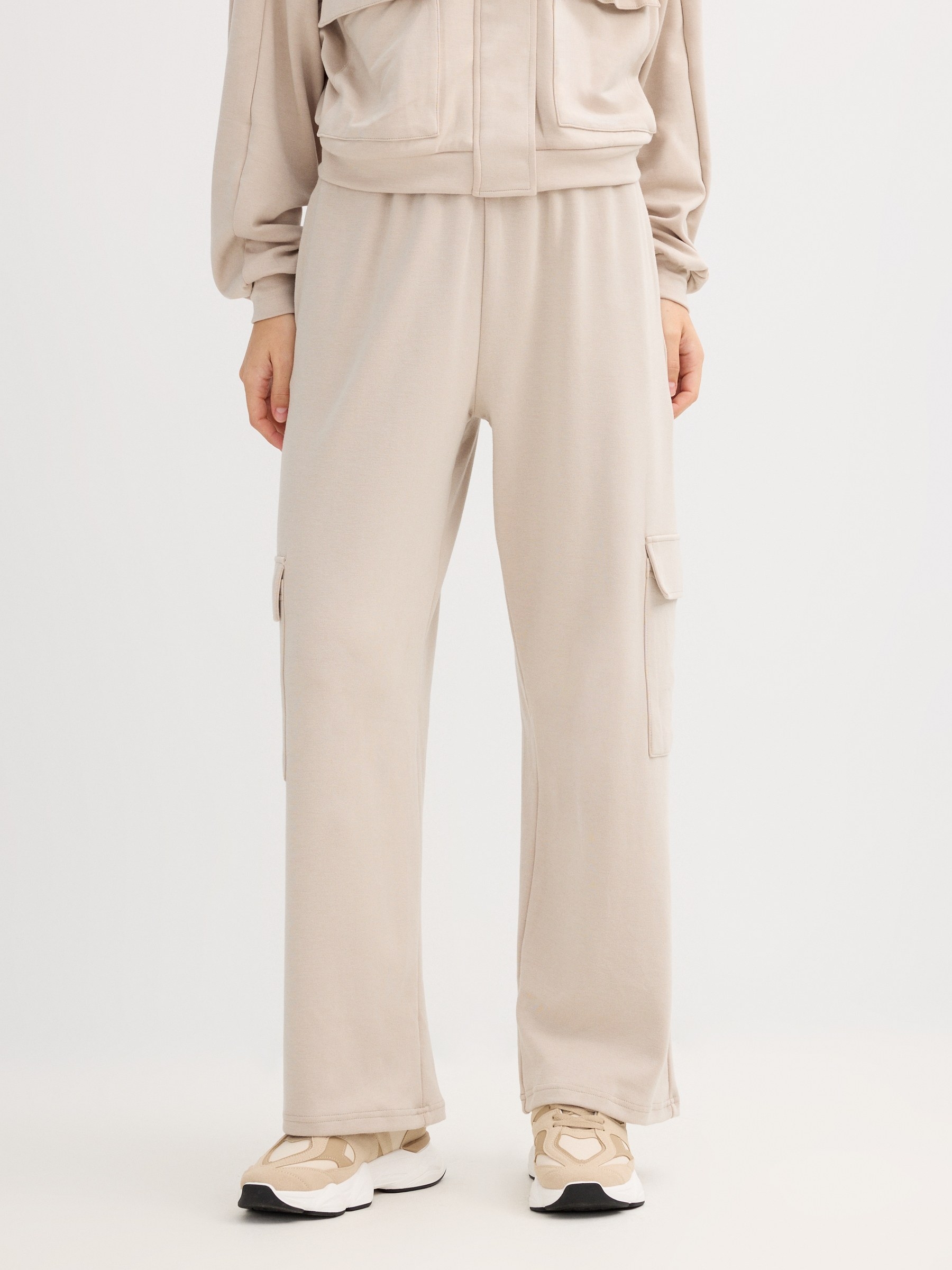 Beige wide leg sweatpants beige front view