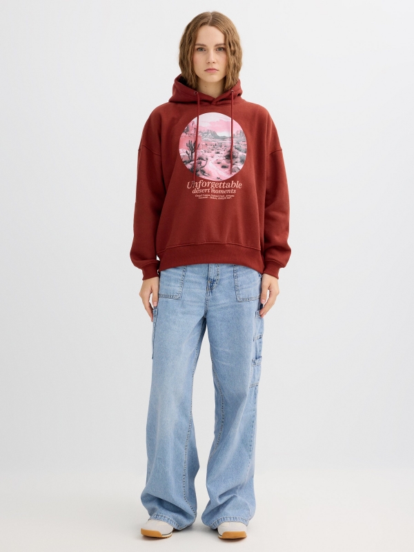Oversized printed hoodie brown front view