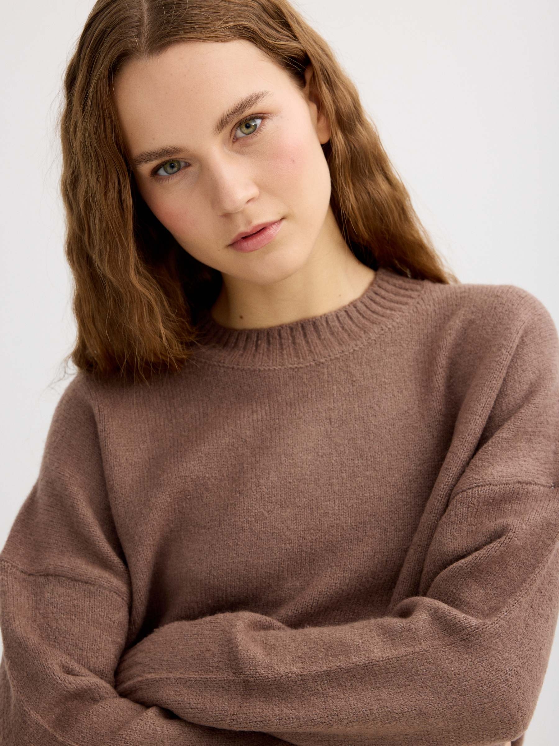 Casual jersey knit round neck brown middle front view