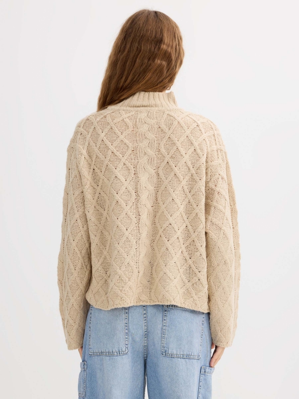 Cable knit sweater with a mock neck sand middle back view