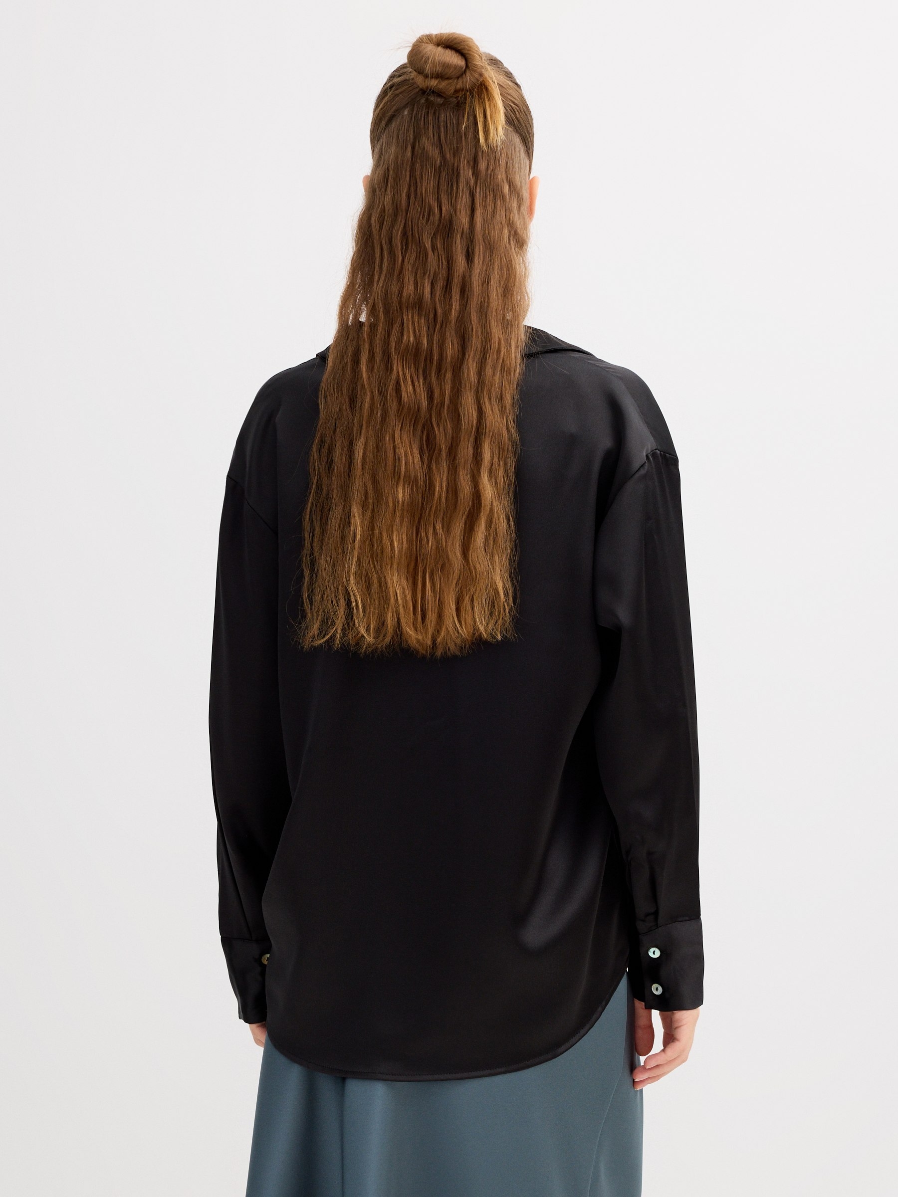 Basic black satin shirt black middle front view