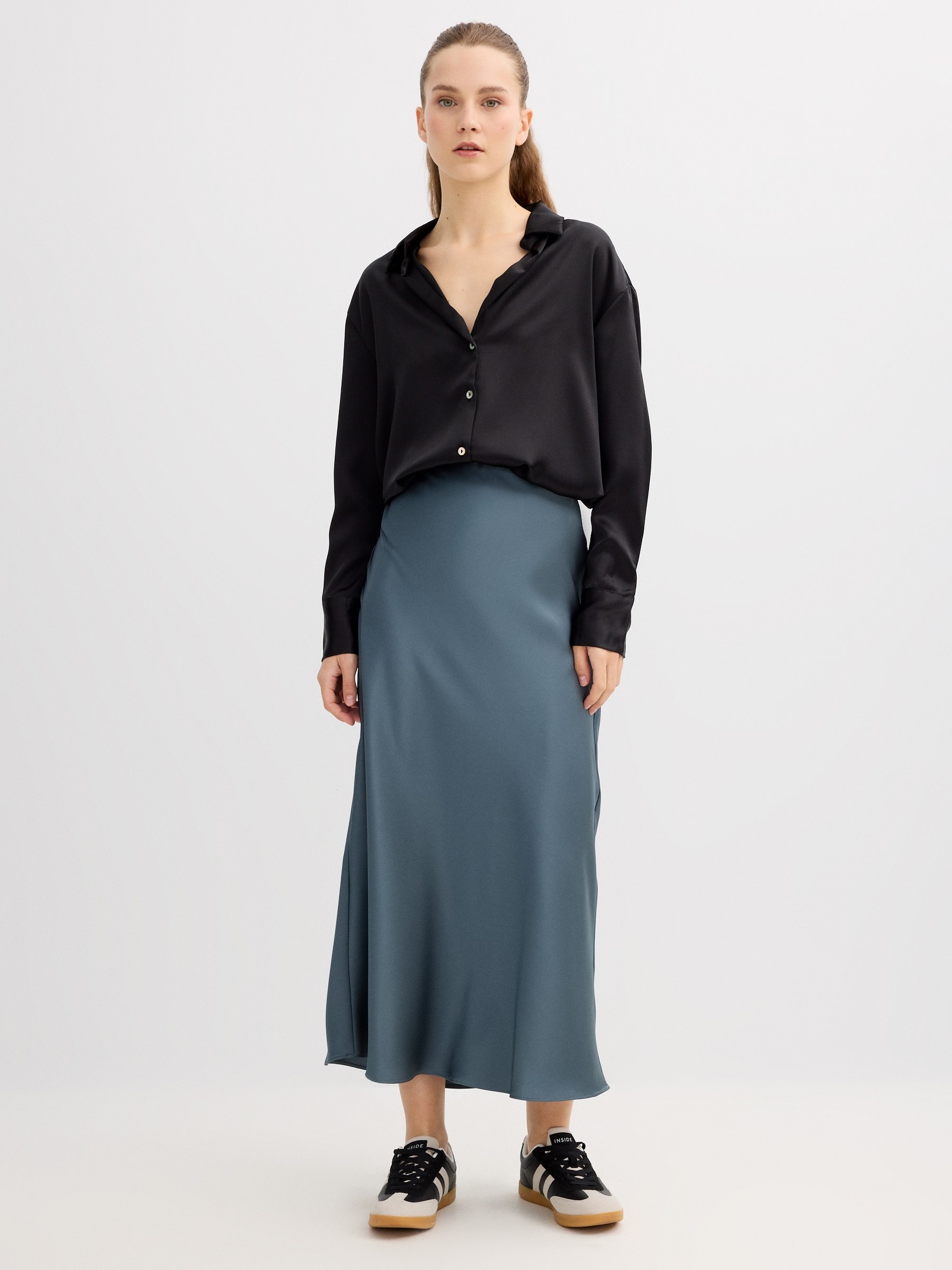 Basic black satin shirt black middle front view