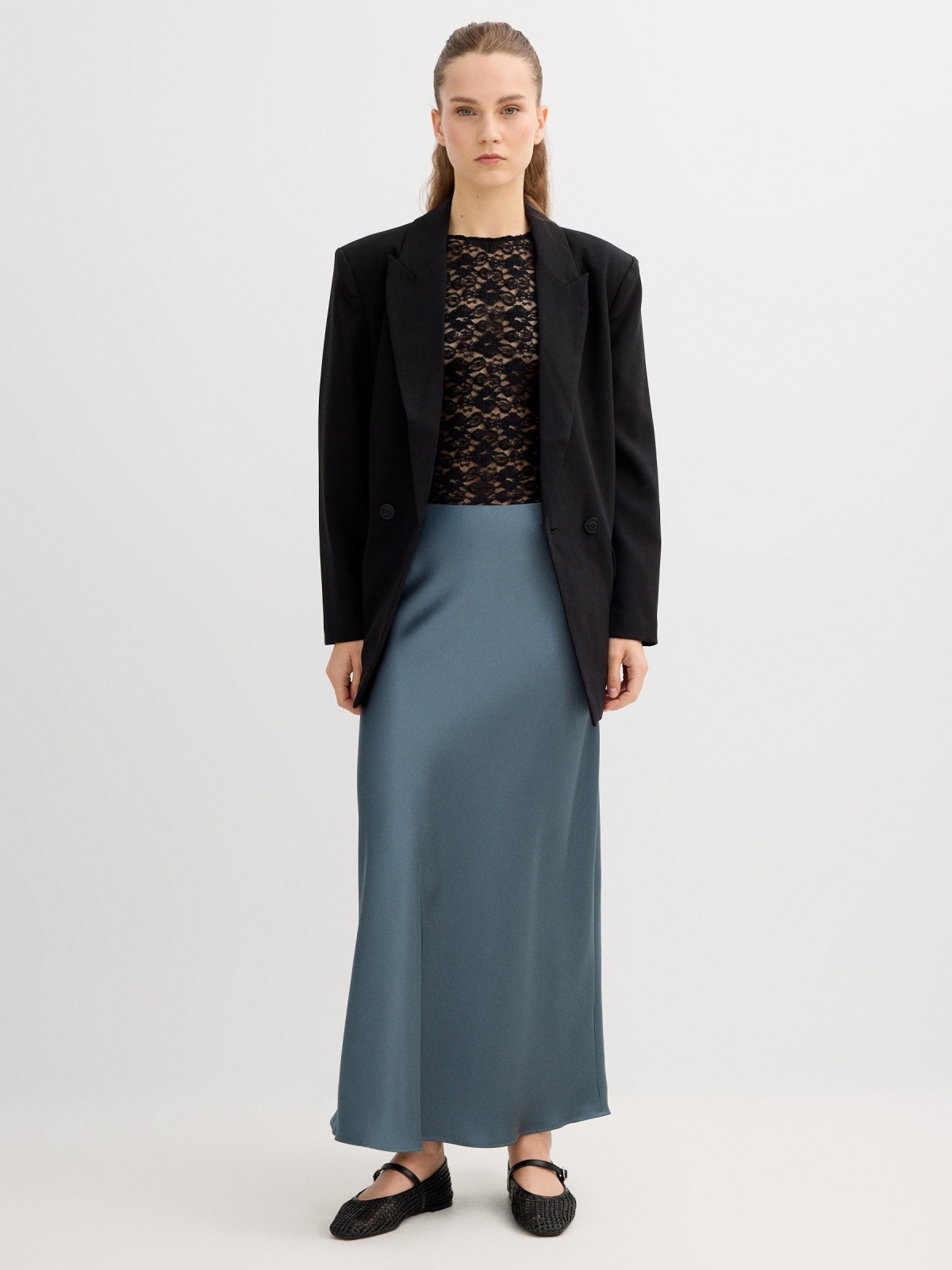 Satin midi skirt bluish gray middle front view