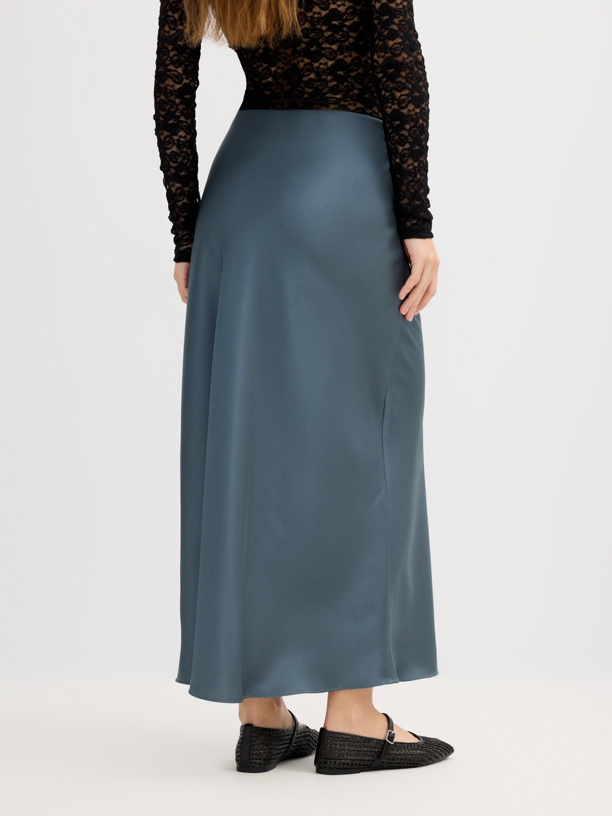 Satin midi skirt bluish gray front view