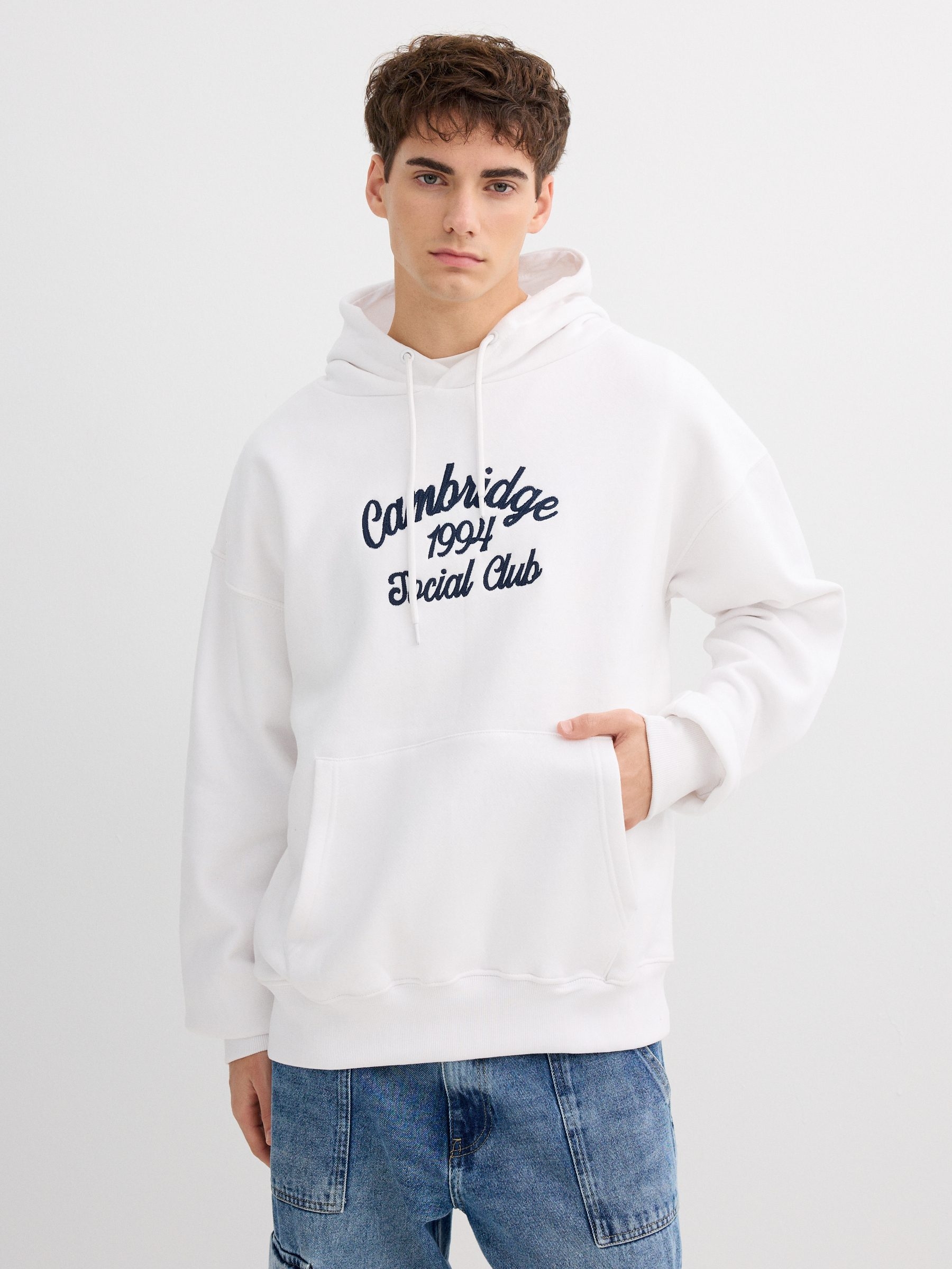 Moletom com capuz Cambridge branco vista meia frontal