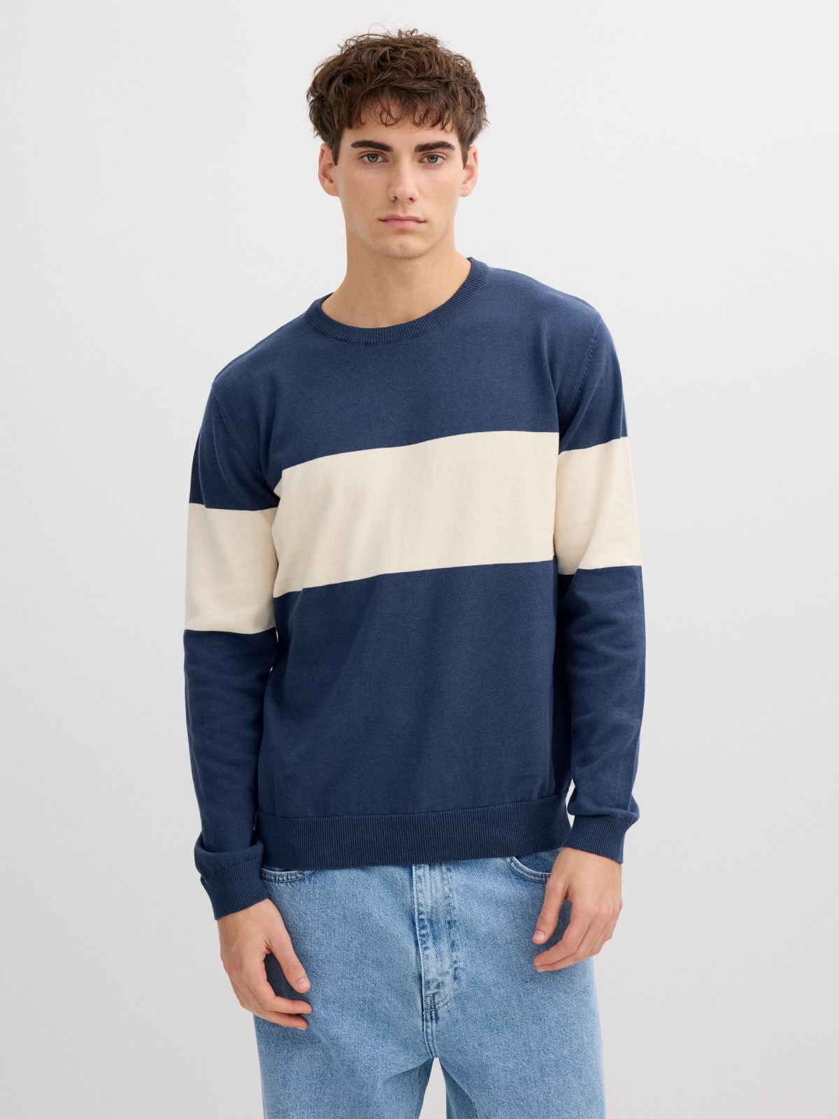 Color block knit sweater petrol blue middle front view