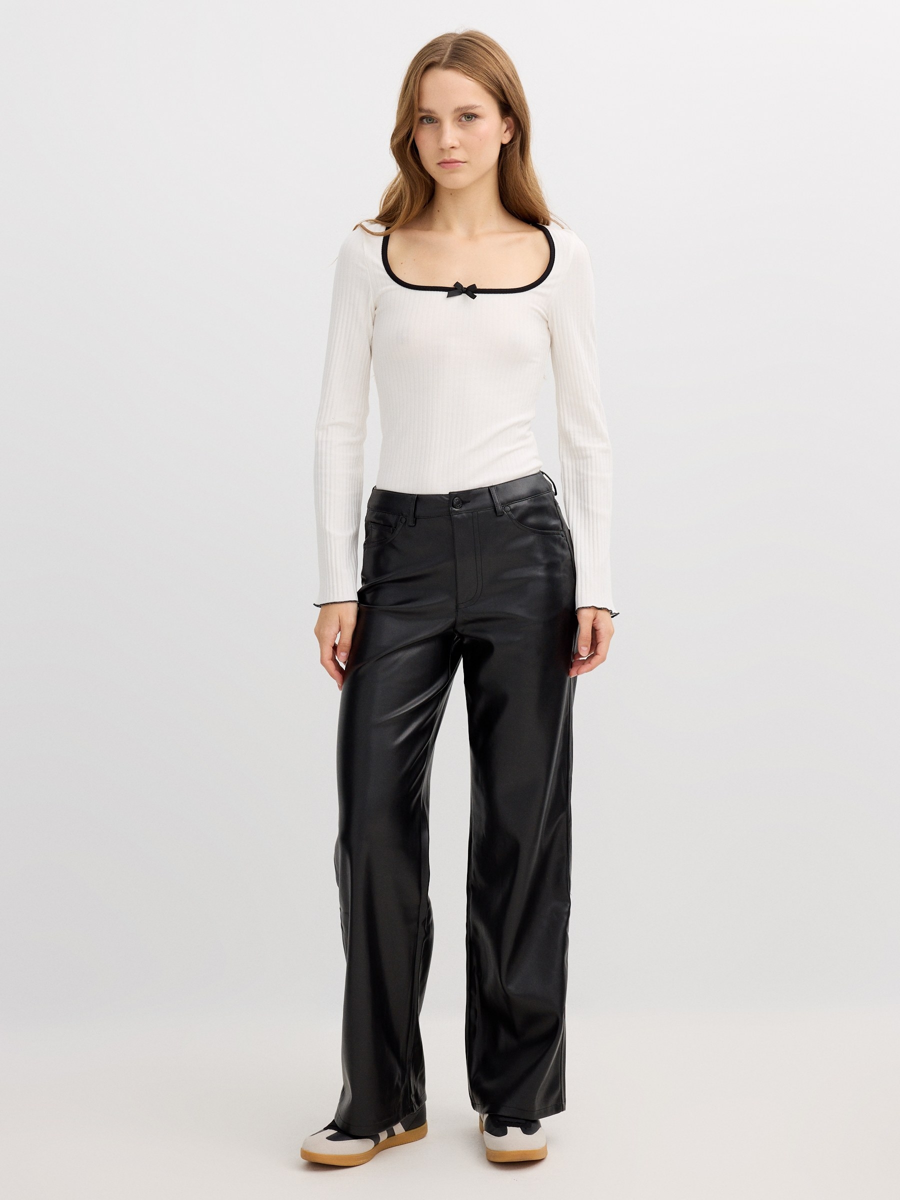 Straight fit leather effect pants black front view