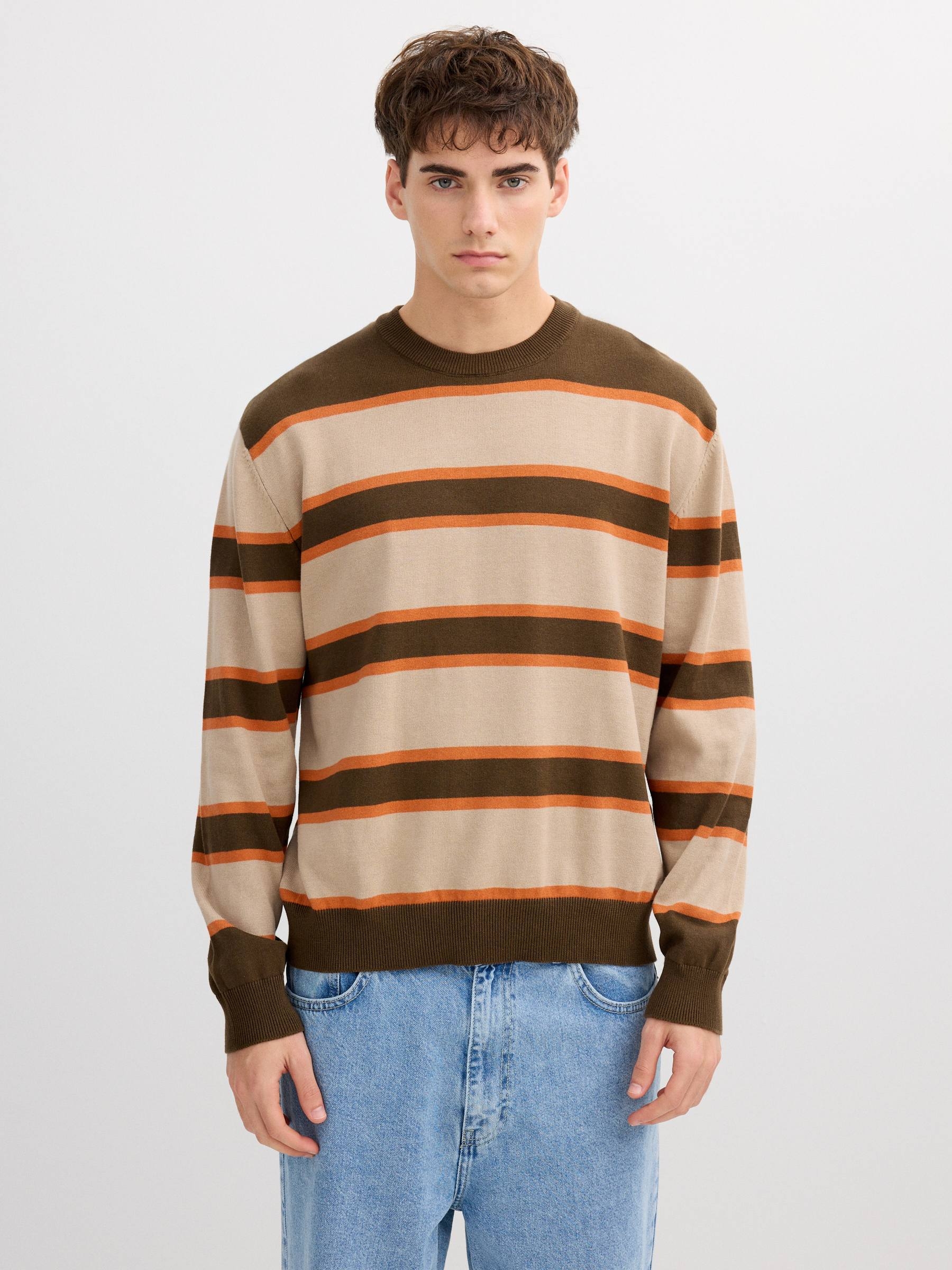 Striped knit sweater with a round neck brown middle front view