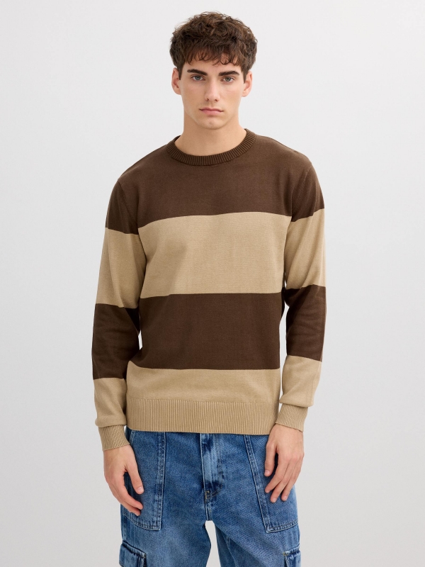Color block striped knit sweater brown middle front view