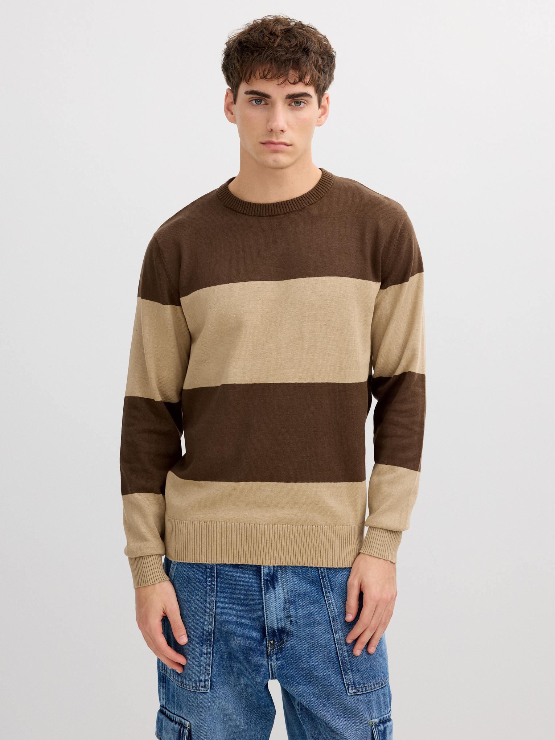 Color block striped knit sweater brown middle front view