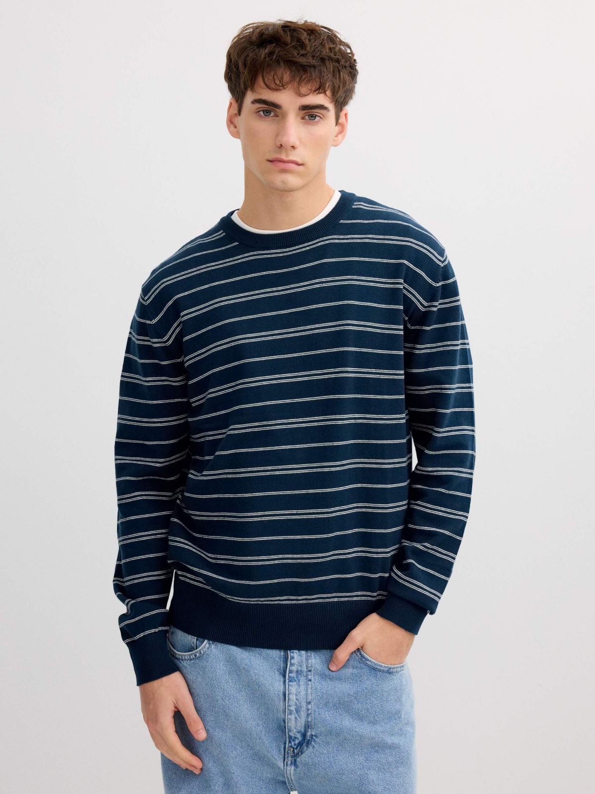 Striped knit sweater with a round neck navy middle front view