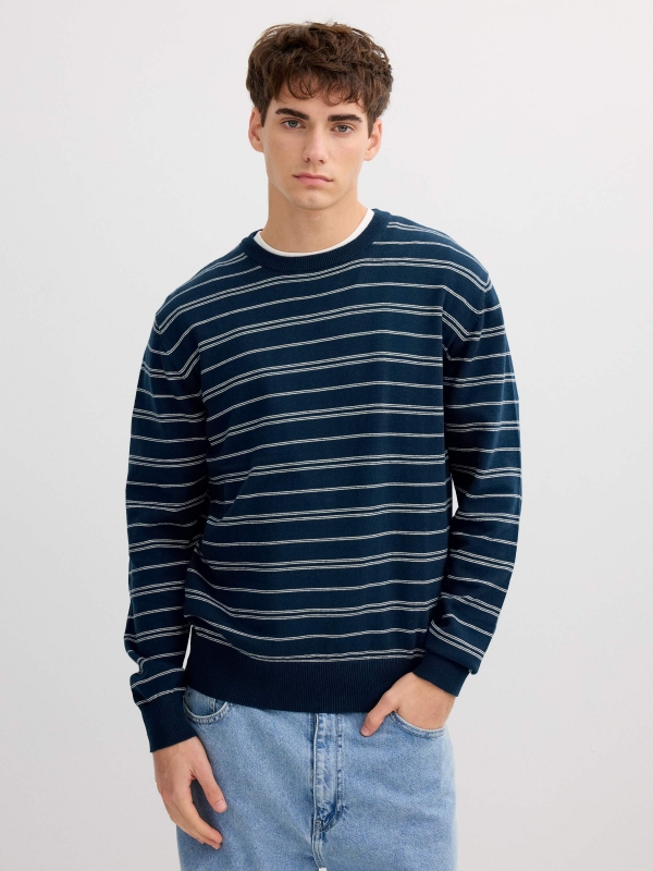 Striped knit sweater with a round neck navy middle front view