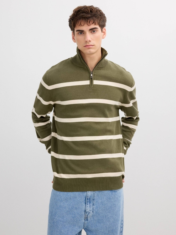 Striped knit sweater with zipper collar khaki middle front view