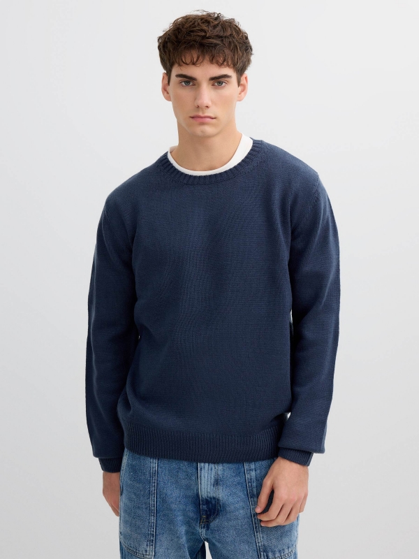 Round neck knit sweater petrol blue middle front view