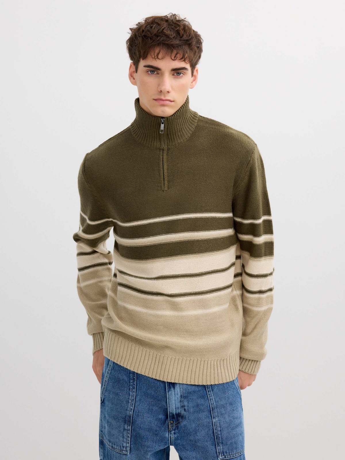 Striped knit sweater with zipper collar khaki middle front view
