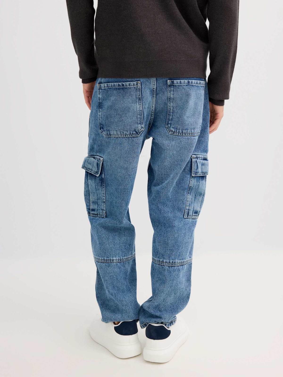Jeans multi-pocket cargo blue middle back view