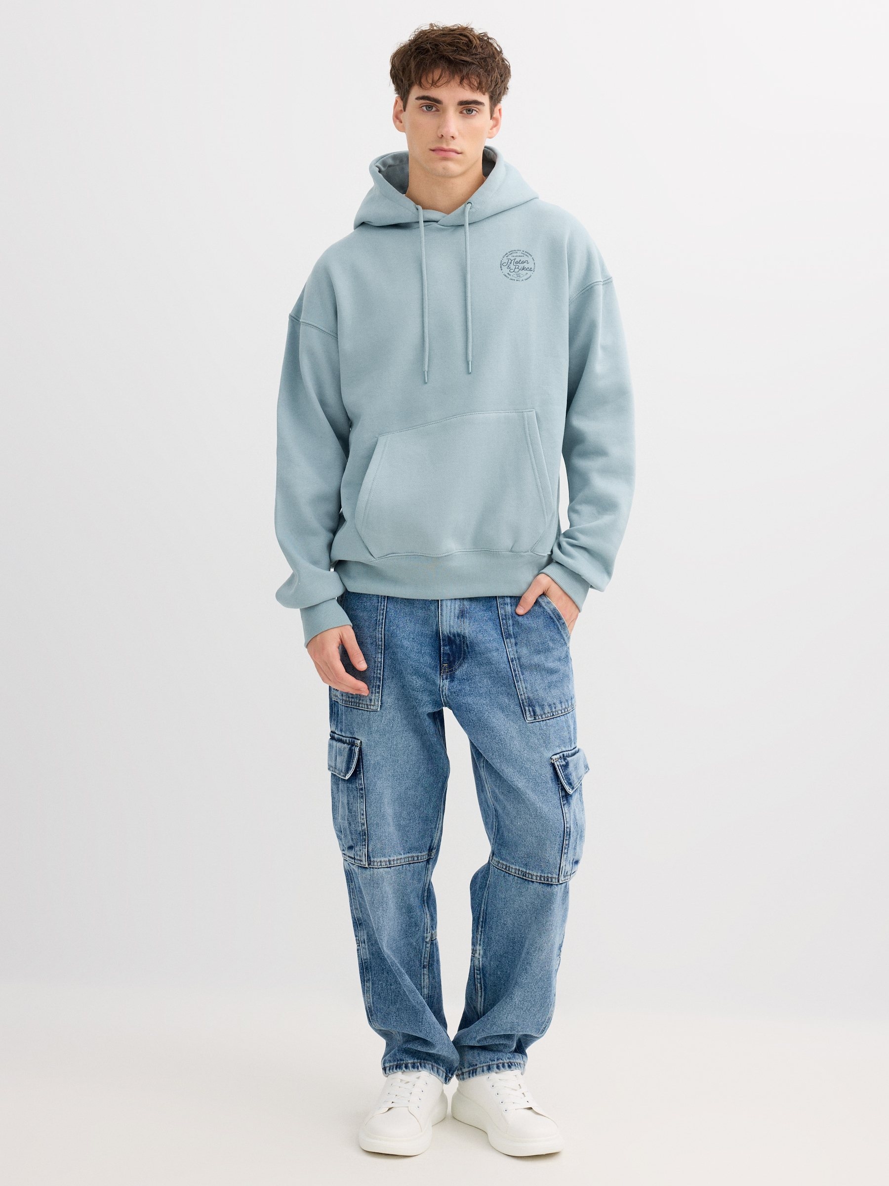 Oversized fleece hoodie blue middle front view