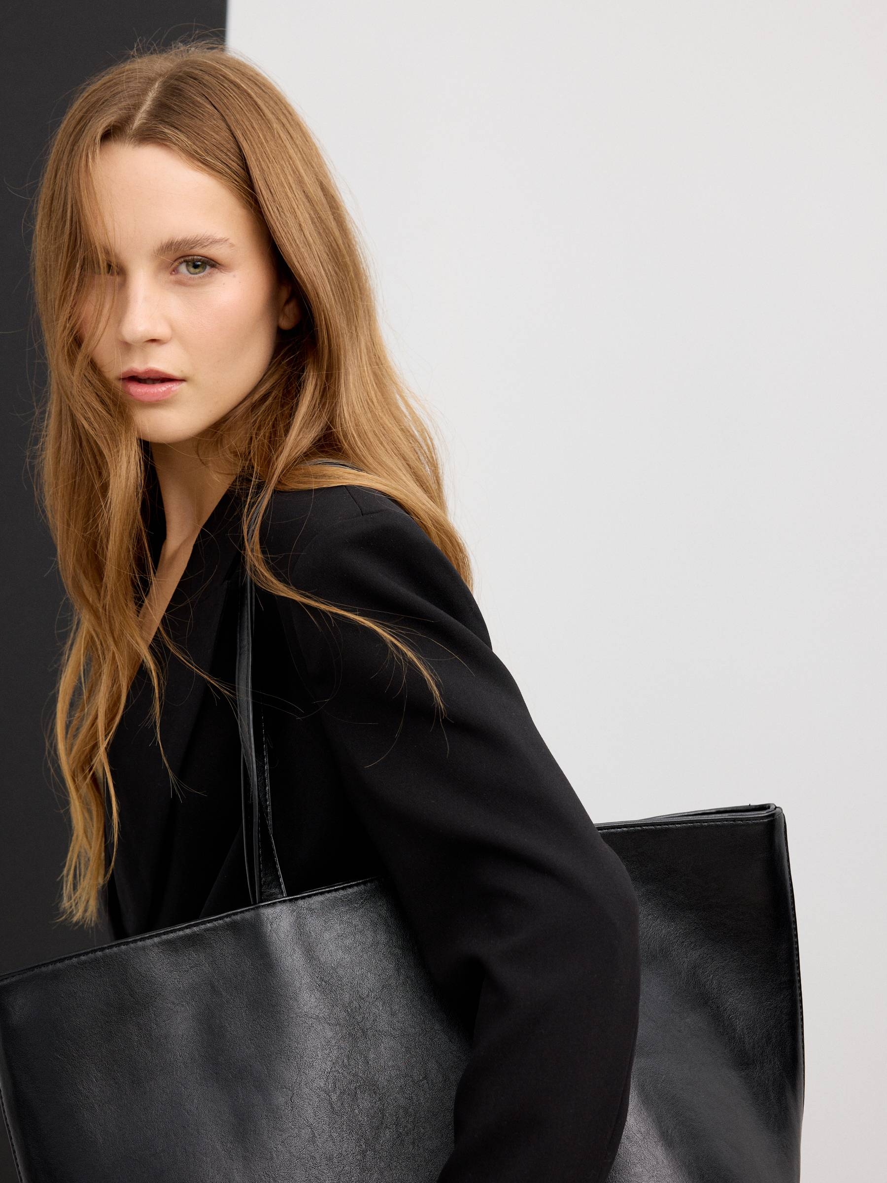 Shopper bag canvas leather effect black front view