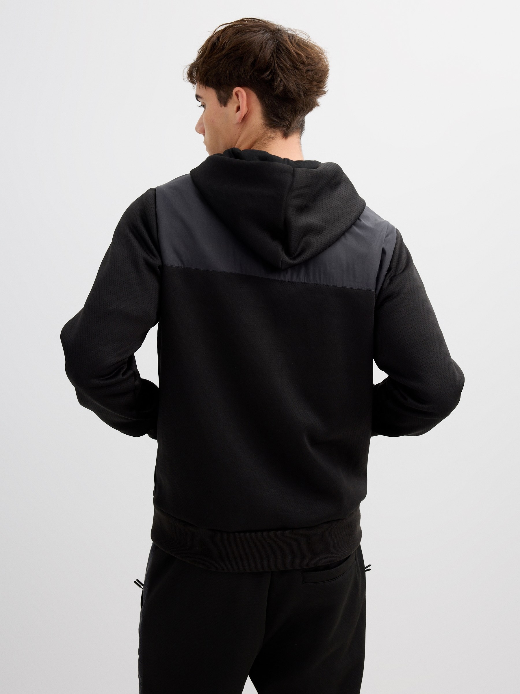 Sports hoodie with leather effect black middle front view