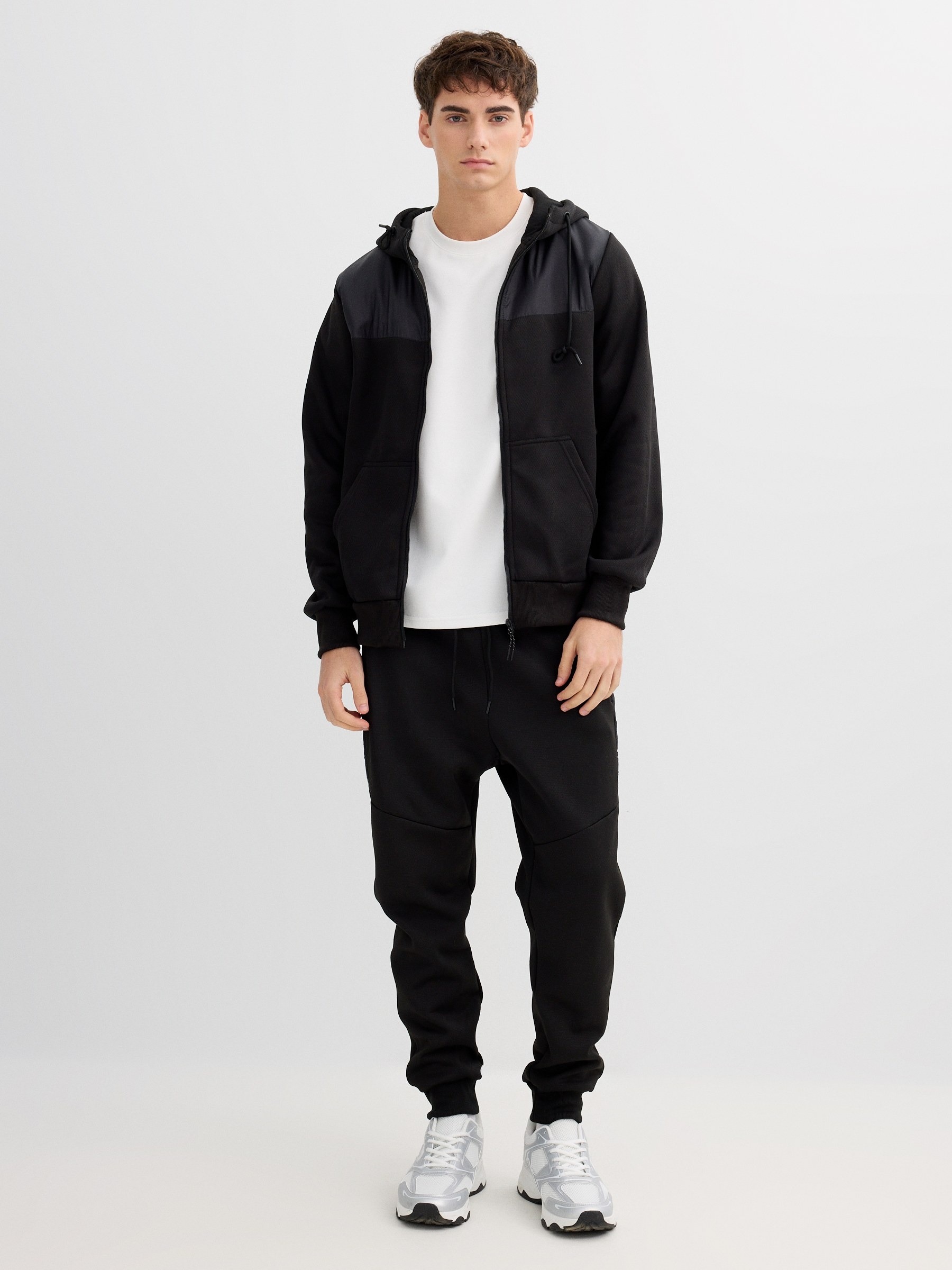 Sports hoodie with leather effect black middle front view