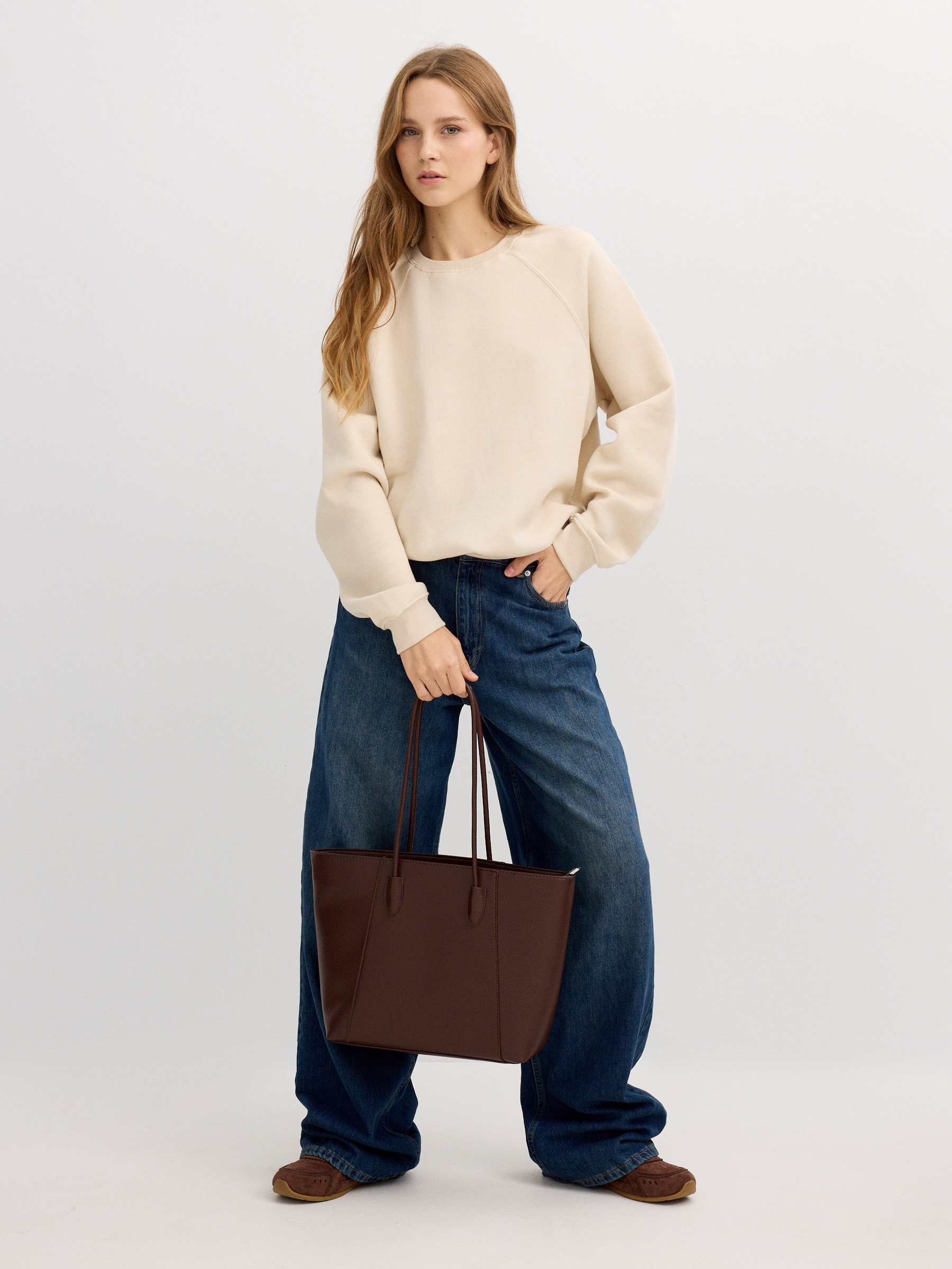 Bolsa shopper efeito couro marrom vista geral frontal