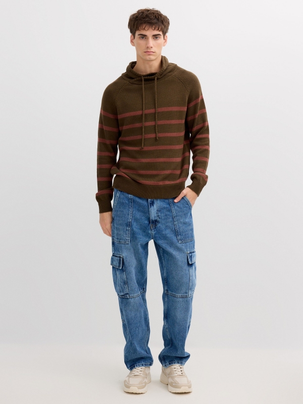 Striped knit sweater brown front view