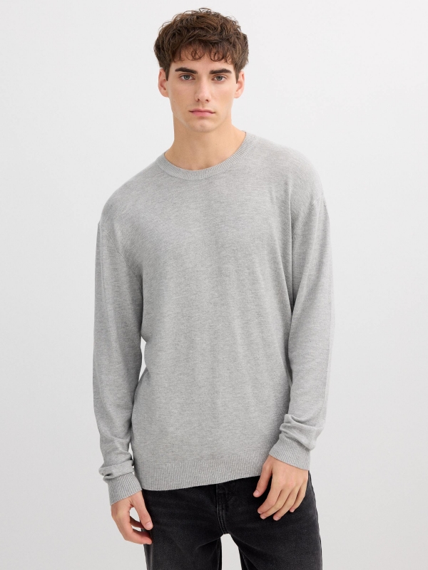 Basic knit round neck jersey melange grey middle front view