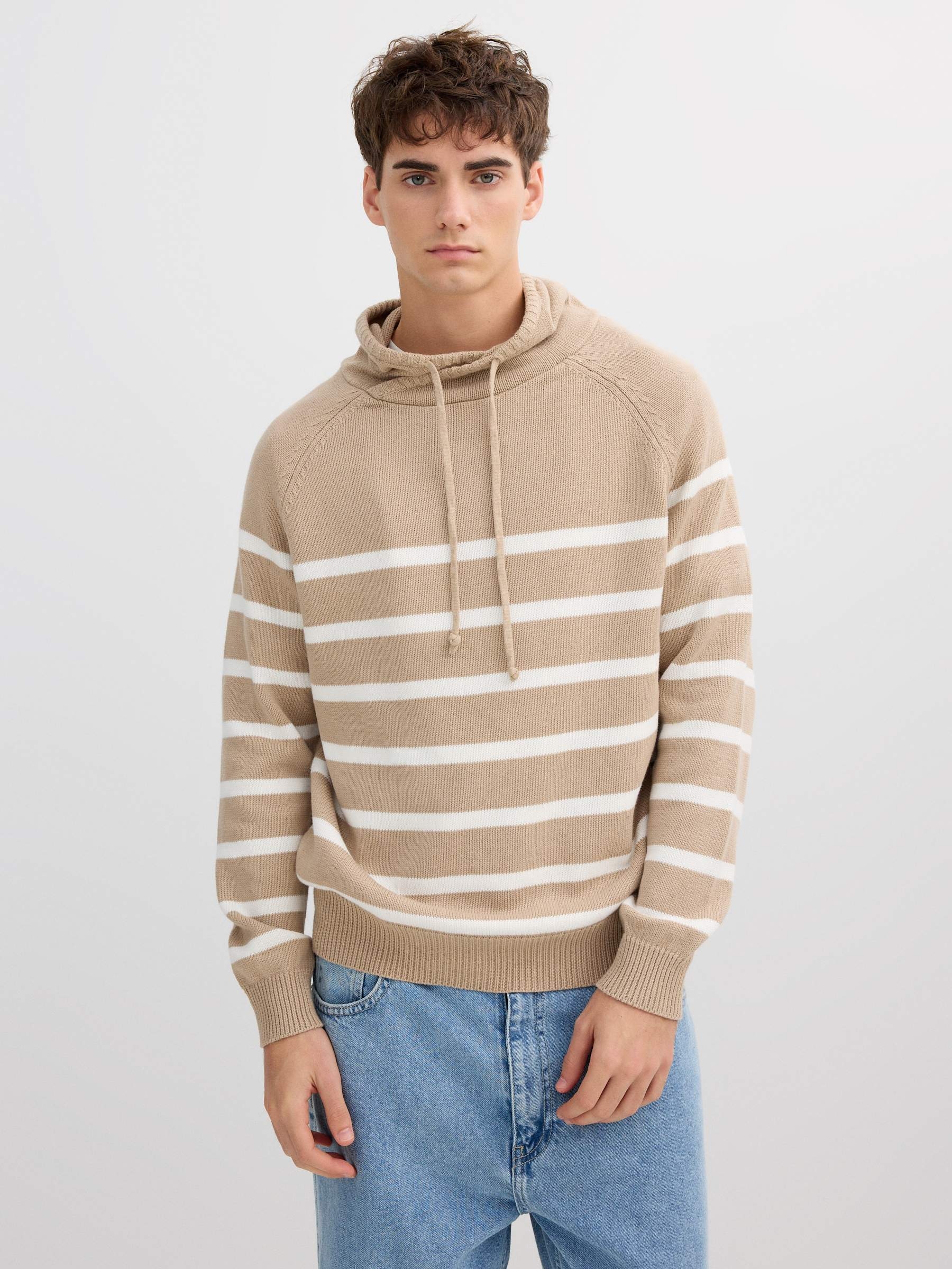 Striped knit sweater beige middle front view