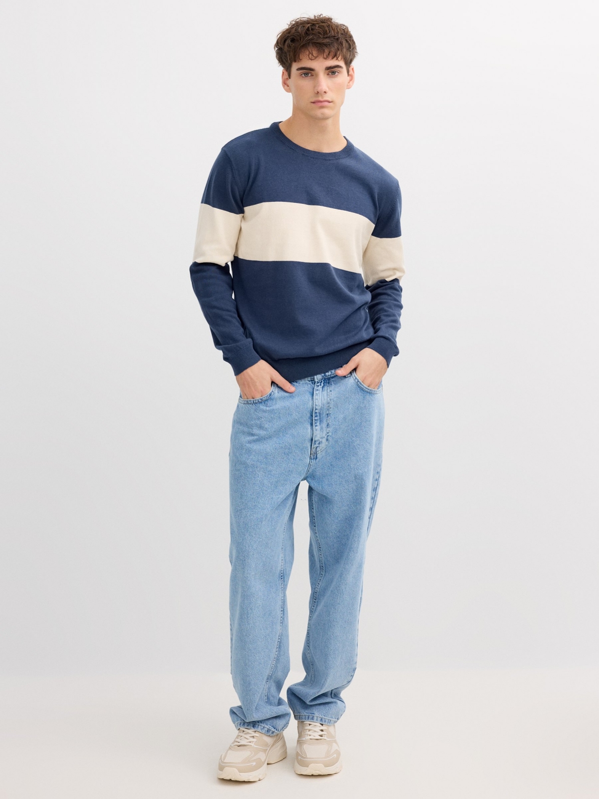 Color block knit sweater petrol blue front view